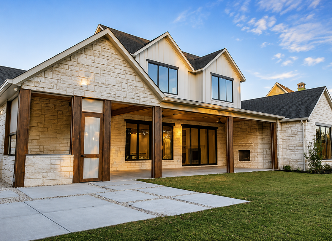 Stone-and-brick custom home exterior with covered porch, large windows, and lawn.