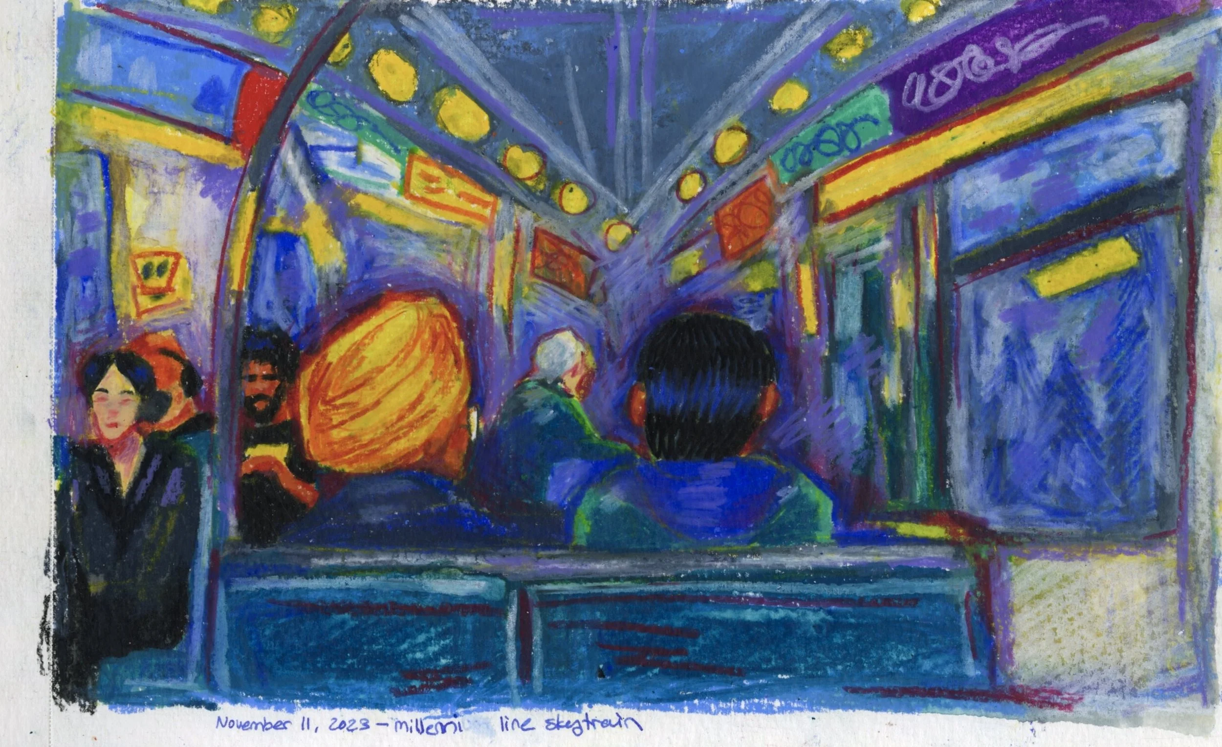 Colorful drawing of people walking in a busy underground subway station with bright lights, yellow lights along the ceiling, and graffiti on the walls. The scene depicts a diverse group of passengers viewed from behind, with the date November 11, 202