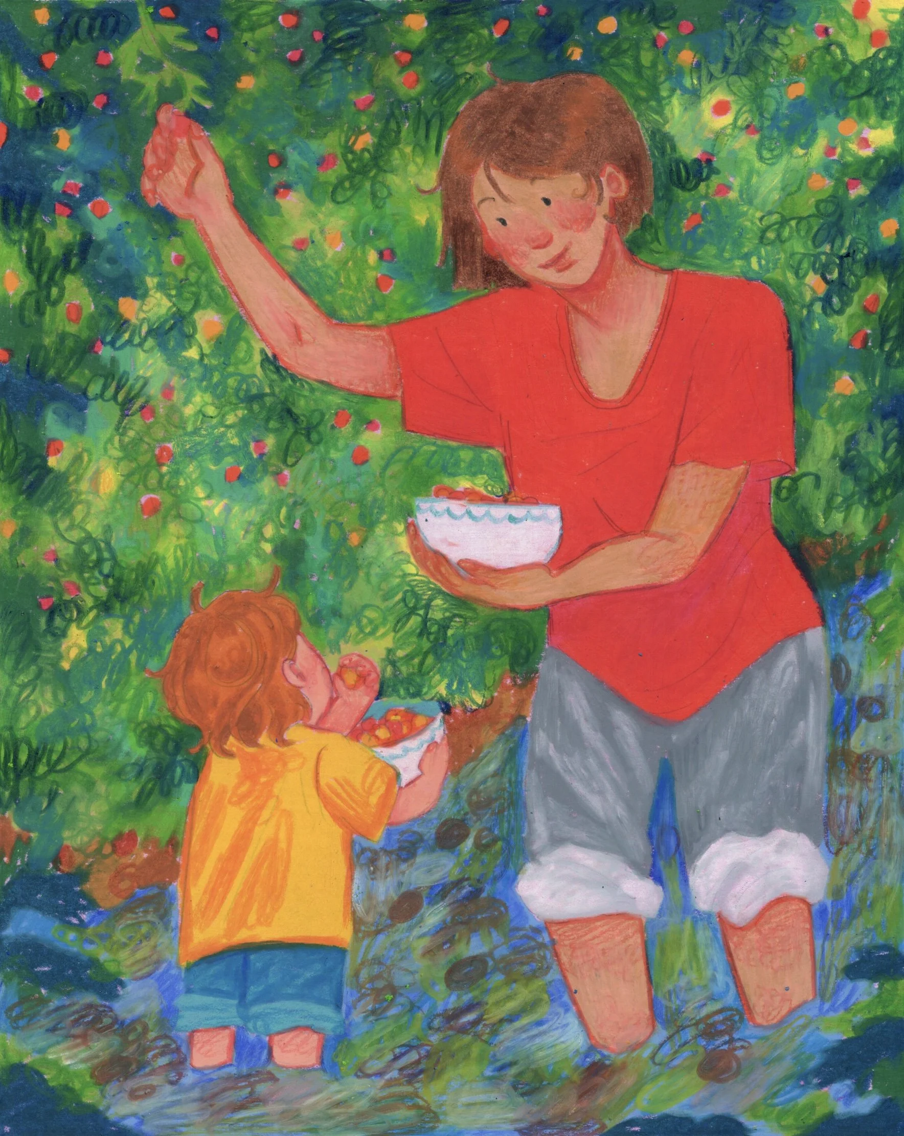 A colorful, impressionistic painting of a woman with short hair in a red shirt and gray pants, holding a bowl, with children around her in a lush, green outdoor setting.
