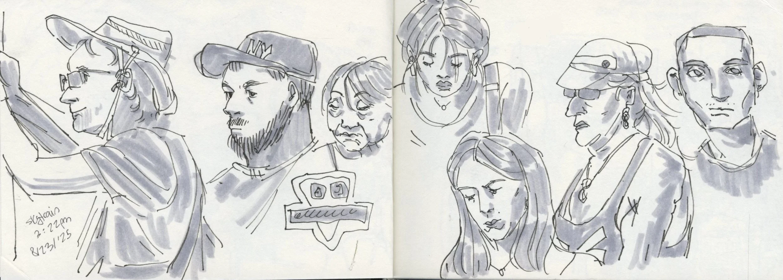 A sketch of several diverse people, including a man with a mustache and hat, an elderly woman, a young woman with long hair, and others, with some wearing hats or glasses and displaying different facial expressions.
