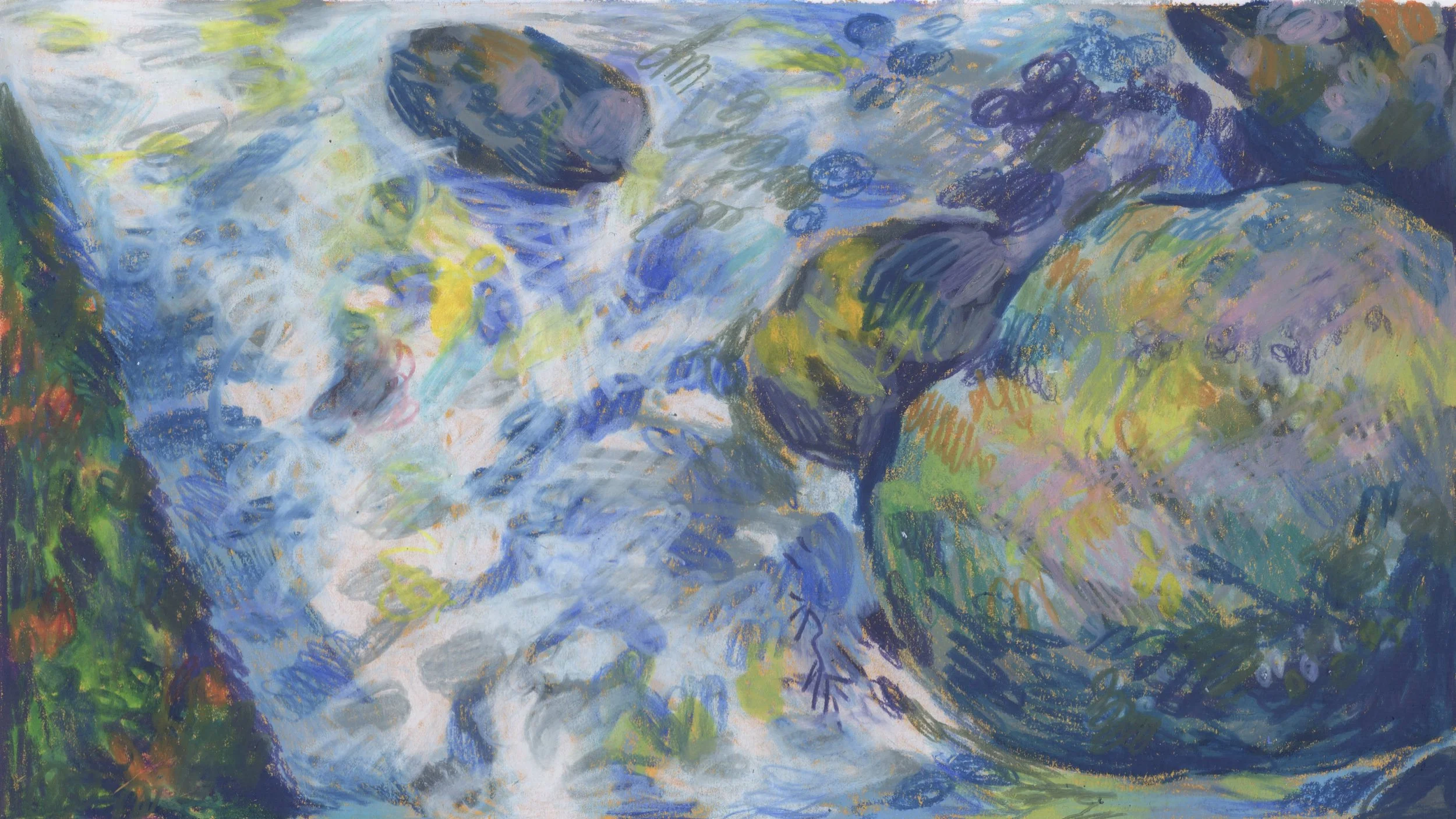 A colorful impressionist painting of a flowing waterfall surrounded by greenery and rocks.