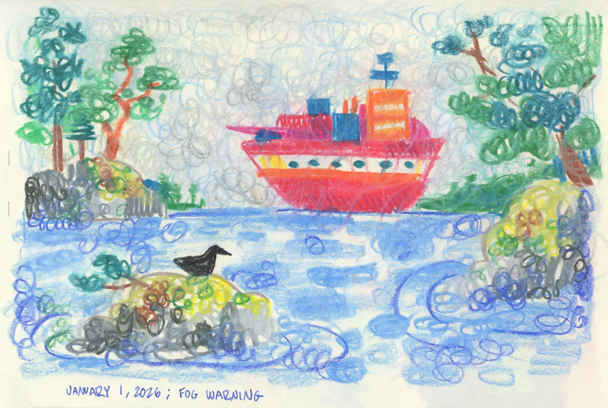 A colorful drawing of a large red ship on water, surrounded by green trees and bushes, with a black dog slightly to the left, and the text 'January 1, 2016: Fog Warning' at the bottom.