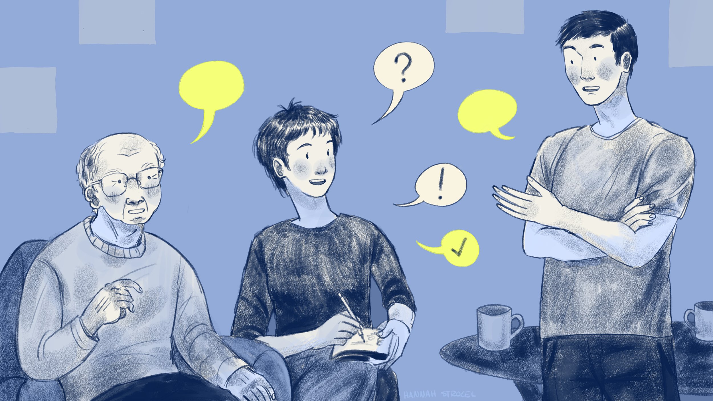 An illustrated scene of three people involved in a conversation. An elderly woman wearing glasses and a sweater, a young woman with short hair writing in a notebook, and a young man with arms crossed, speaking and gesturing. Speech bubbles indicate d