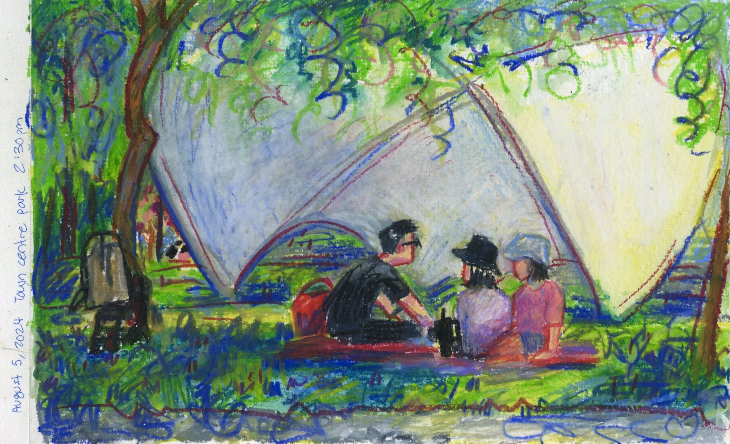 Colorful drawing of a scene with three children sitting under a large, green, leafy tree. The children are dressed in various colors and appear to be engaged in an activity, possibly reading or drawing. The scene is lively with a vibrant background o
