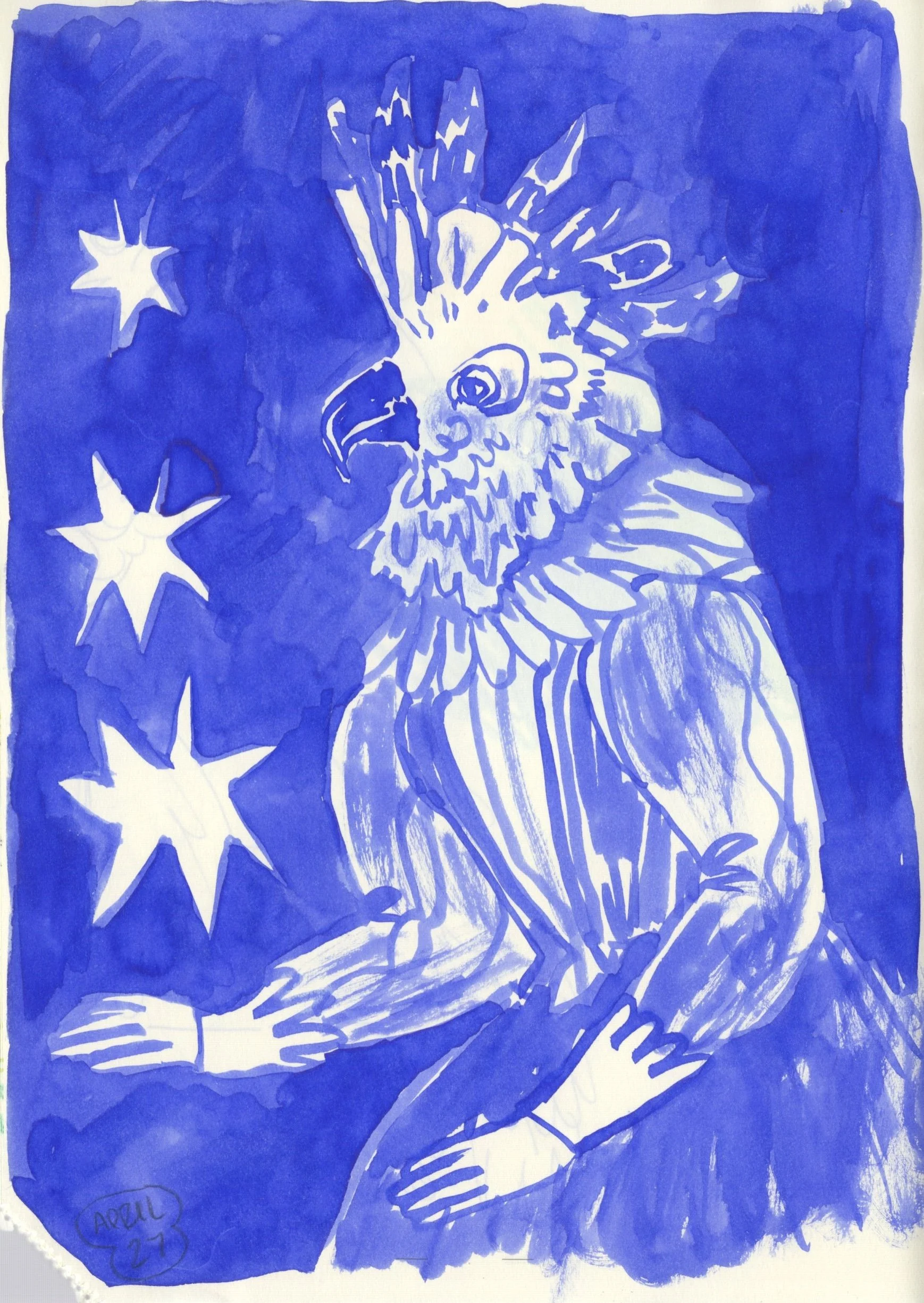 A blue watercolor painting features a stylized eagle with its wings spread, surrounded by white stars on a blue background. The artist's name, 'AZULL', and the number '27' are written in the lower left corner.