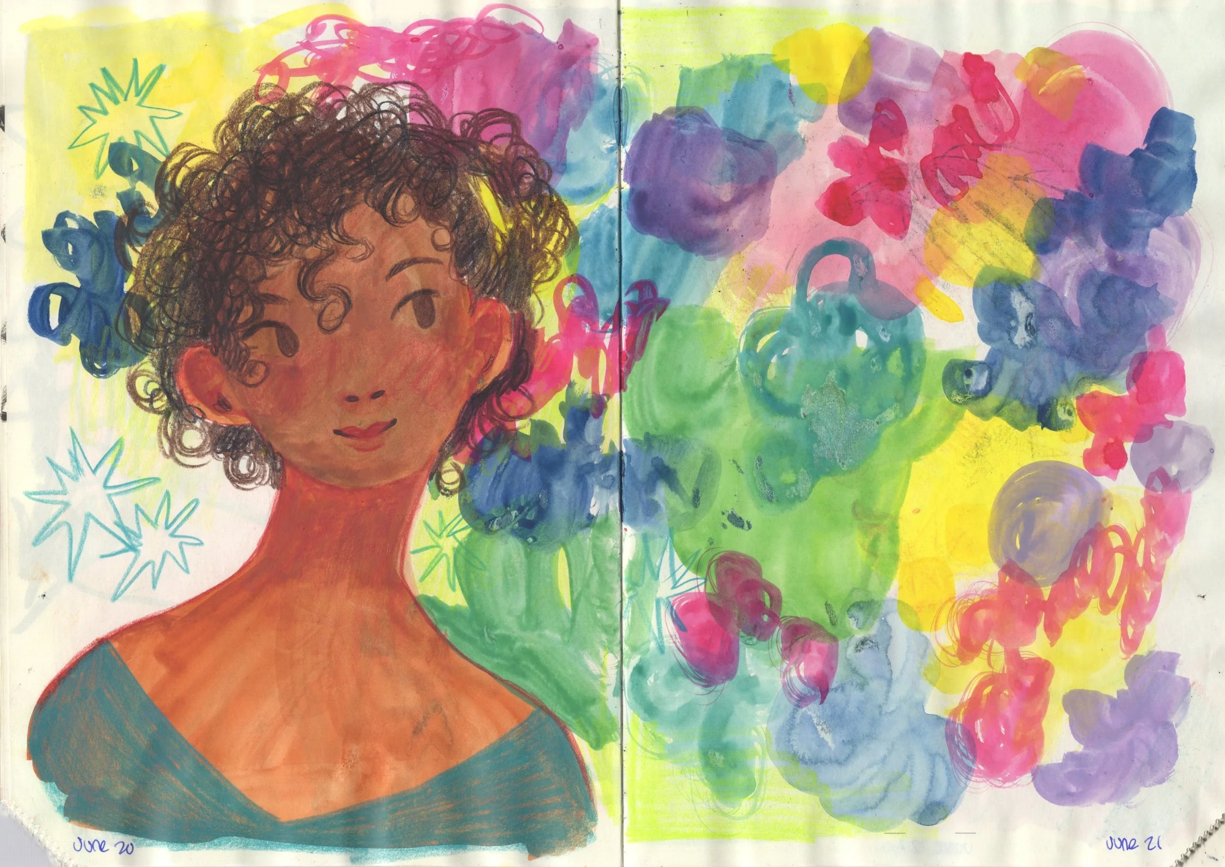 Colorful painting depicting a woman with curly hair, tropical flowers, and abstract shapes in vibrant colors.
