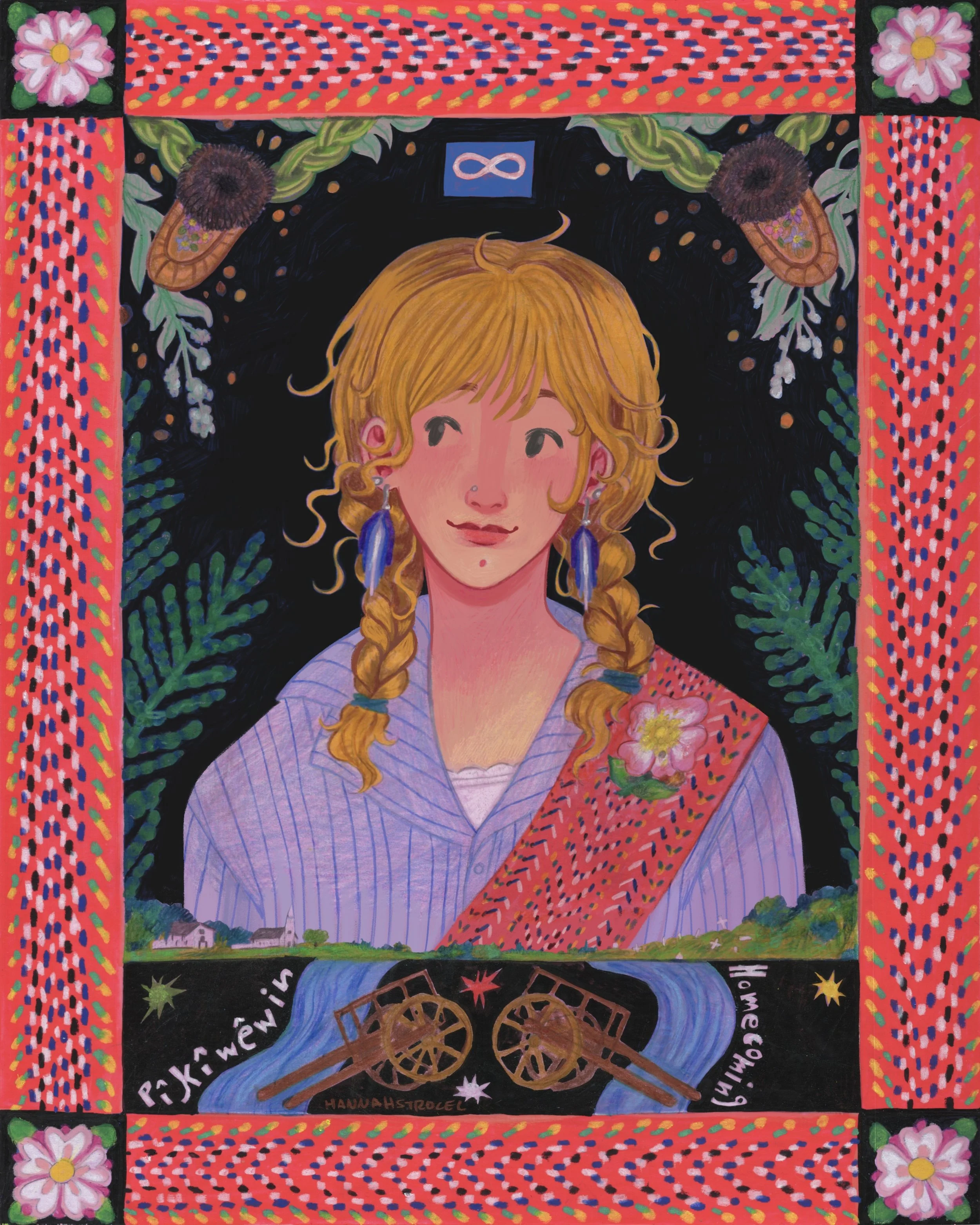 A colorful illustration featuring a girl with blonde hair styled in two braids, yellow in mood, with a gentle smile, dressed in a purple striped shirt, surrounded by a decorative border of red, pink, and green with flowers, a rainbow, a crescent moon