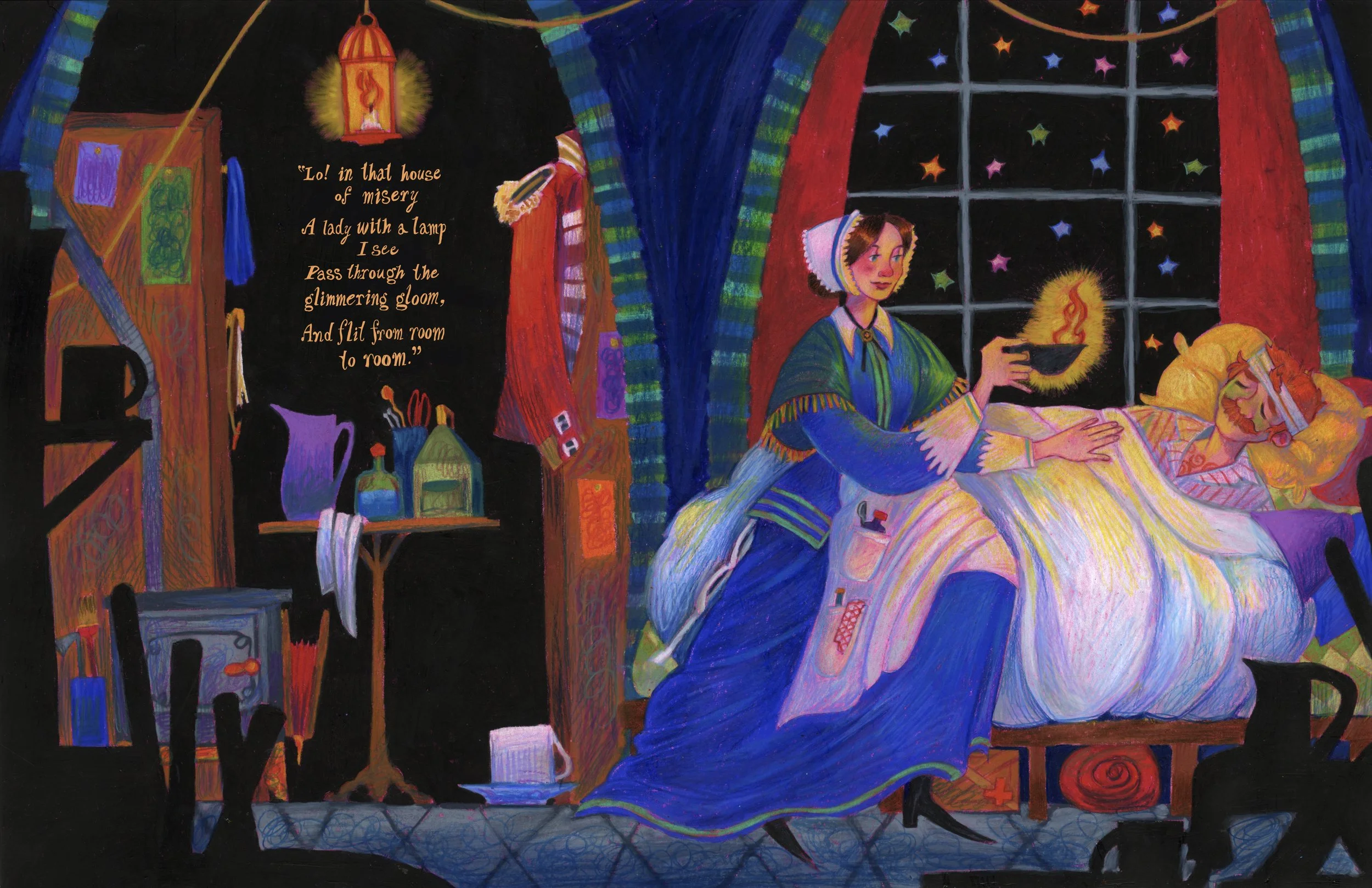 A colorful painting of a woman sitting in bed with a book, with a lit candle and starry night view outside the window. To the left, a small poem reads: 'Lo! in that house of misery, A lady with a lamp I see, Pass through the glimmering gloom, And fli