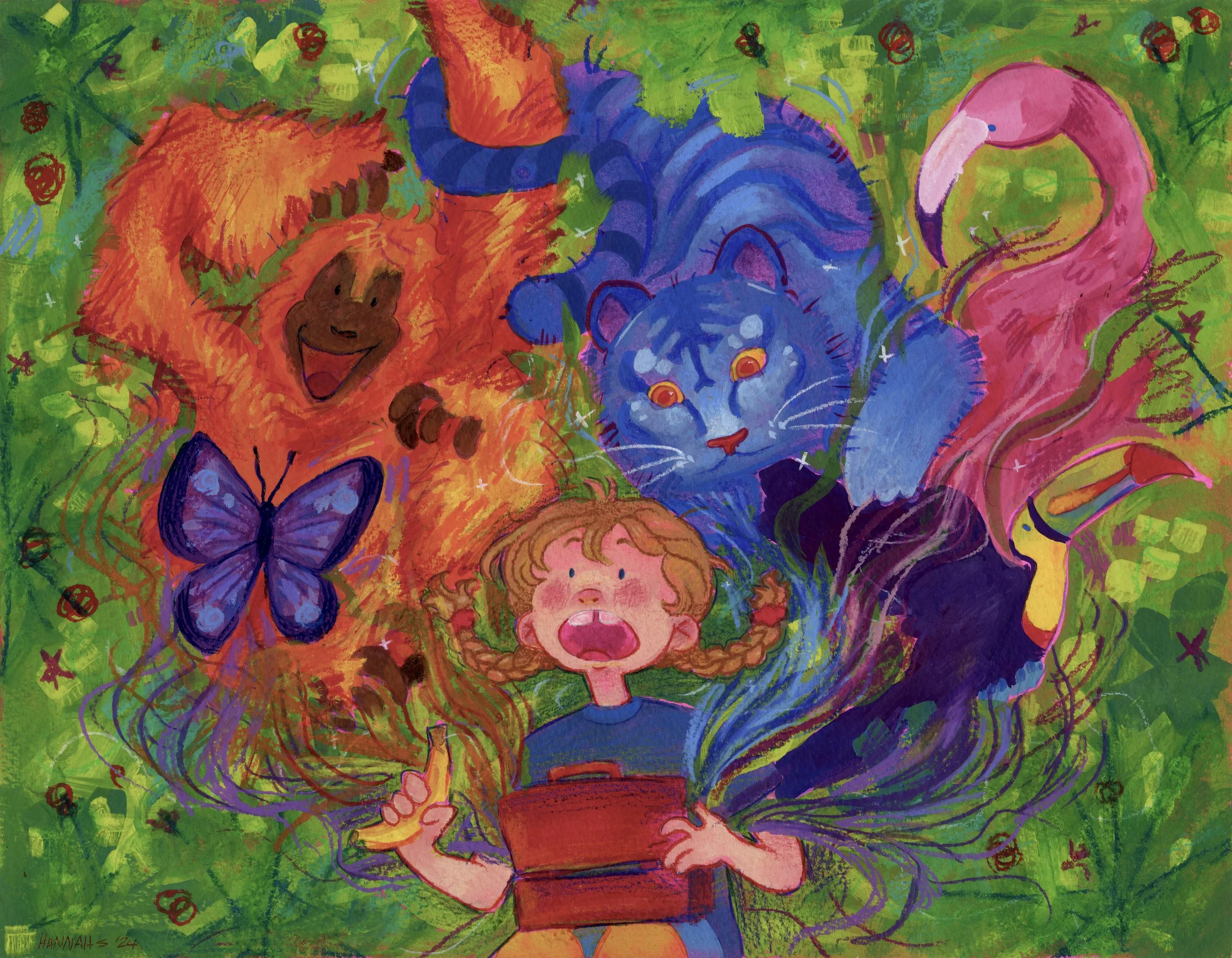 Colorful abstract painting featuring a girl with curly hair holding a red cup, surrounded by animals including a blue bear, a pink flamingo, a purple butterfly, and a brown bear. The background is filled with green and red abstract shapes.