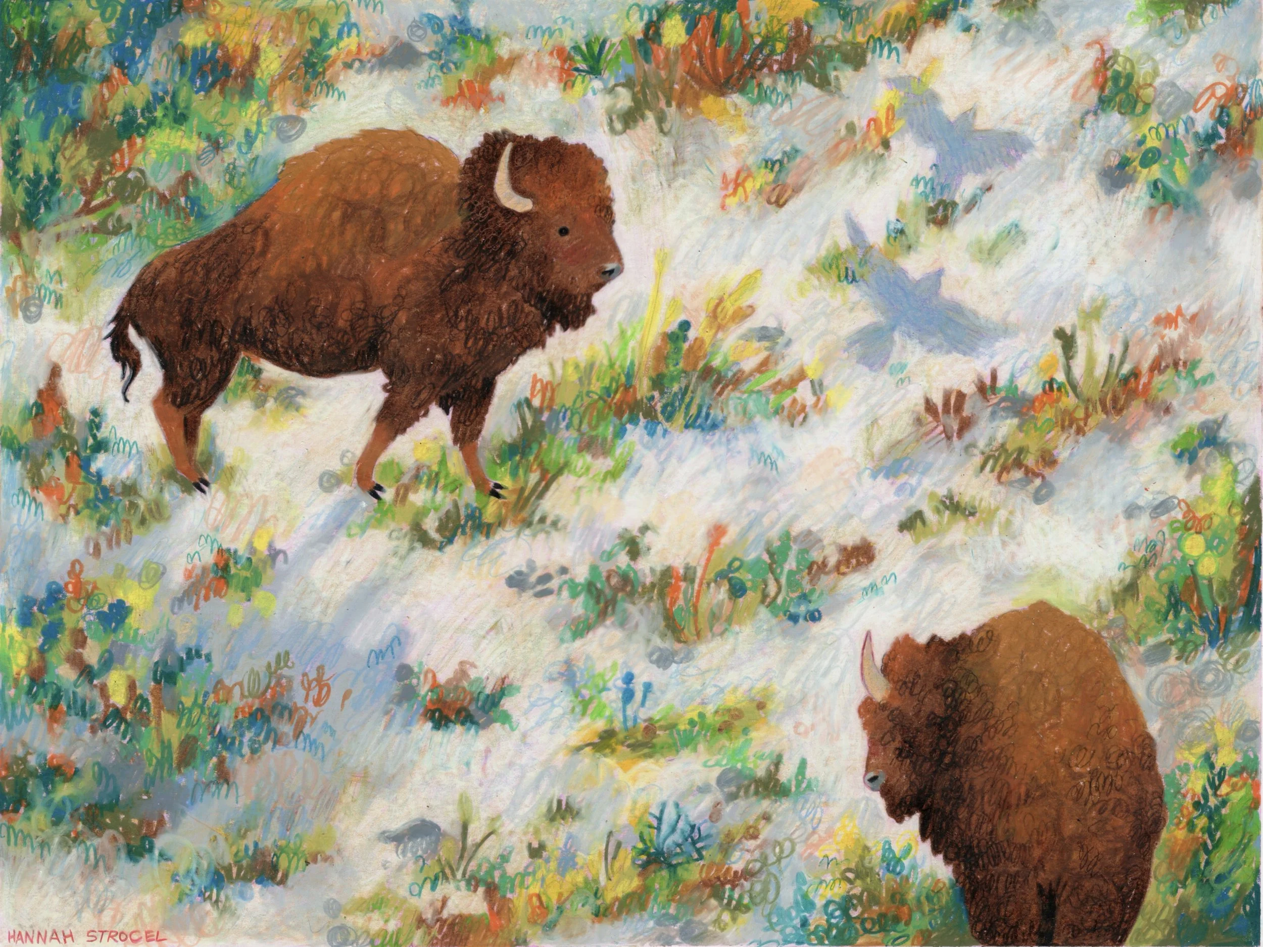 Two bison in a colorful, impressionistic landscape with foliage, trees, and flowers.