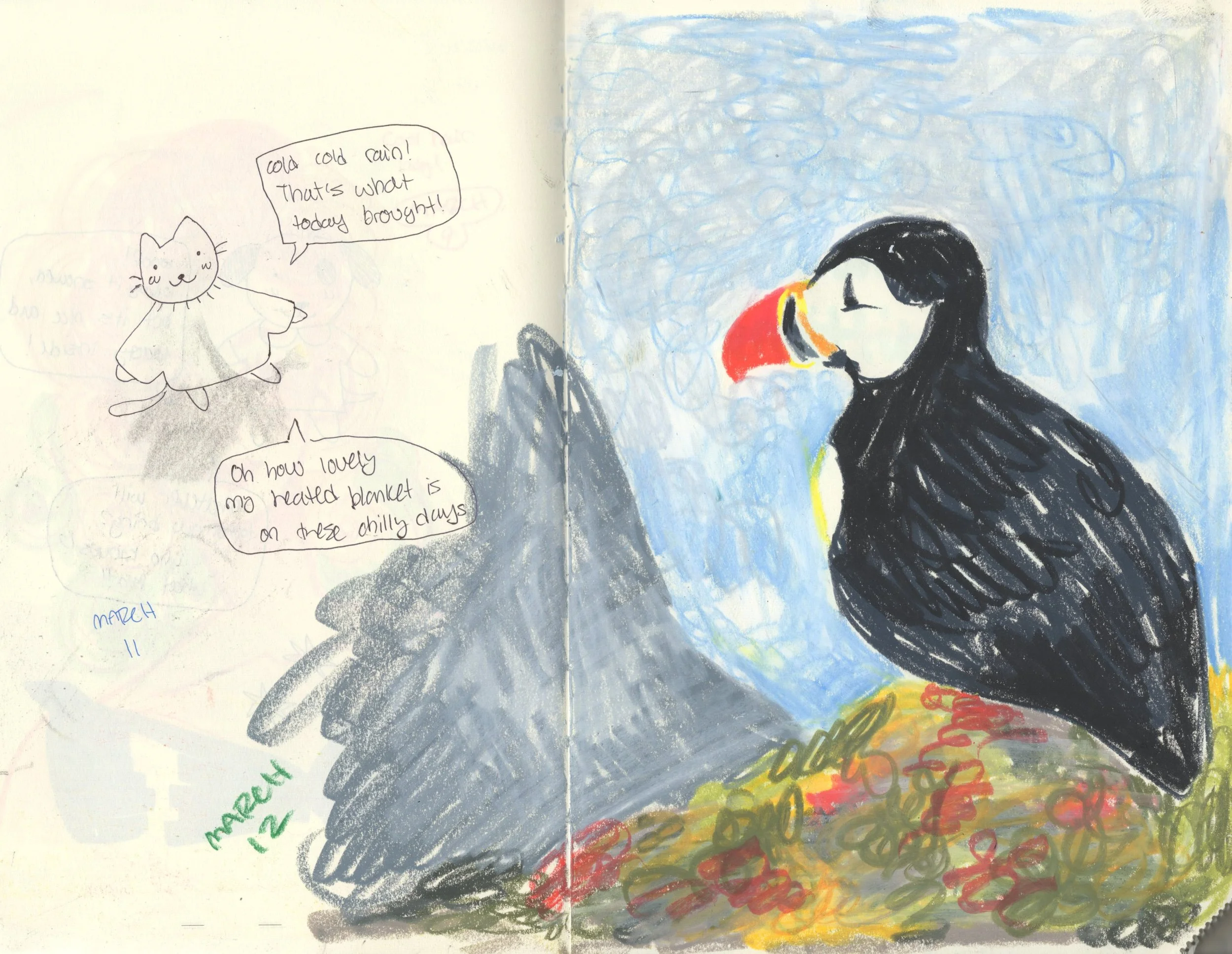 A child's colorful drawing featuring a cartoon cat with a speech bubble saying "Cold cold rain! That's what today brought!" and a picture of a woman in a toucan costume against a blue sky background.