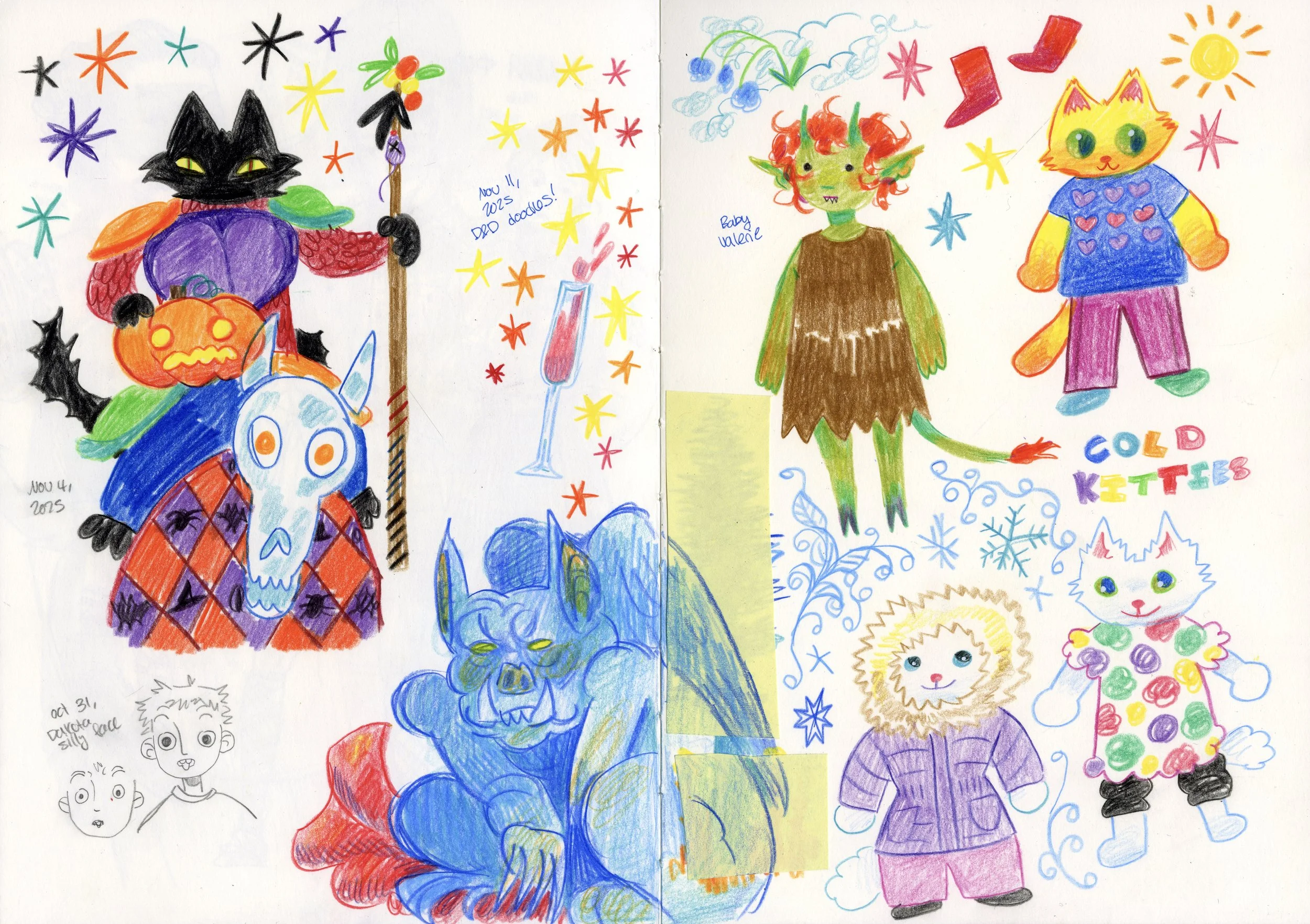 Colorful drawing of various characters, including a black cat with green eyes dressed as a witch, a green and red creature with horns and a tail, a yellow cat with green eyes wearing a blue shirt with hearts and colorful pants, and other whimsical fi