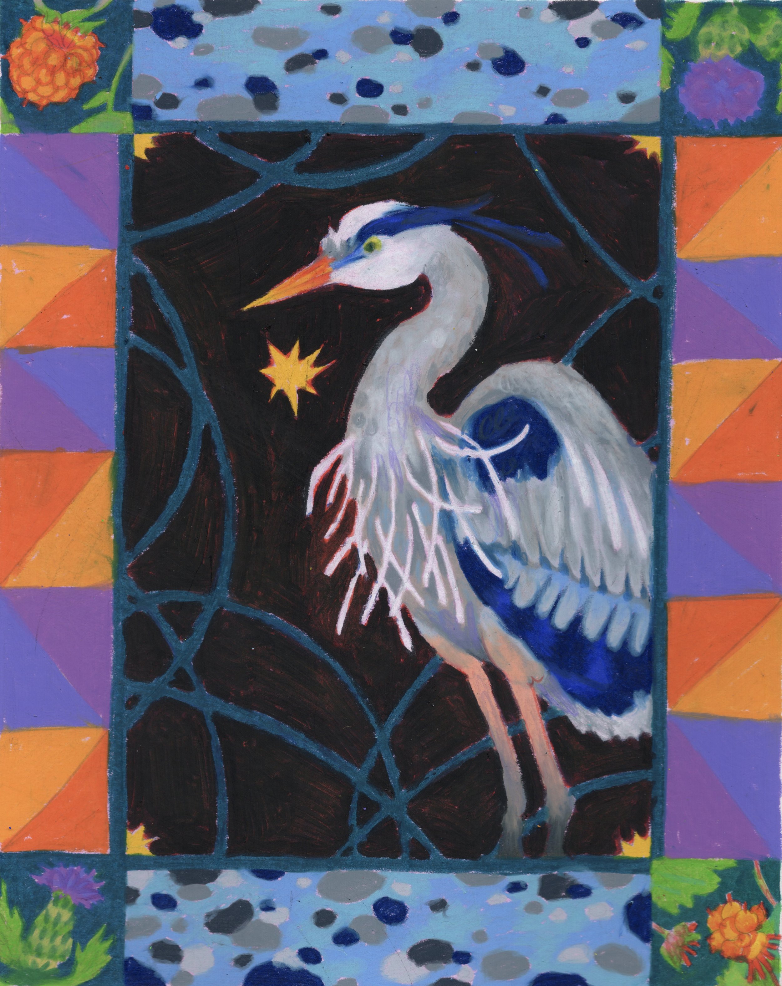 Colorful abstract painting of a heron with a white body, long orange beak, and yellow eye, surrounded by patches of floral designs and geometric shapes in vibrant colors such as purple, orange, green, and blue.