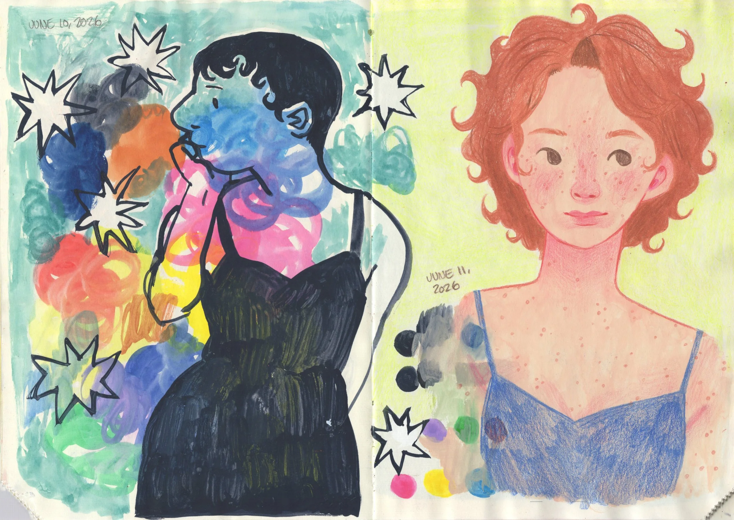 A colorful painting of two young women, one with dark hair and the other with curly red hair. The woman with dark hair is holding a phone and the woman with red hair is smiling. The background features abstract splashes of color and starburst shapes.