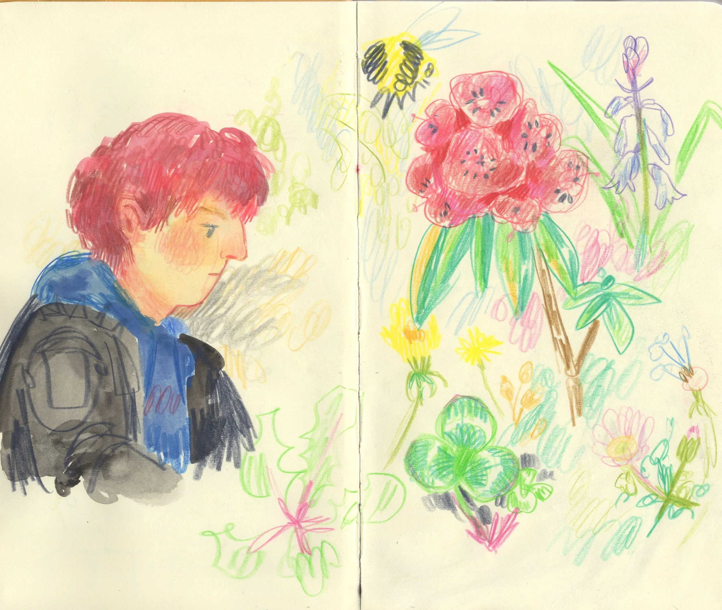 Colorful sketch of a person's profile with short reddish hair wearing a blue and black hoodie, next to a vibrant drawing of a bee, a red flower, purple flowers, green leaves, and a pink heart on a white background.