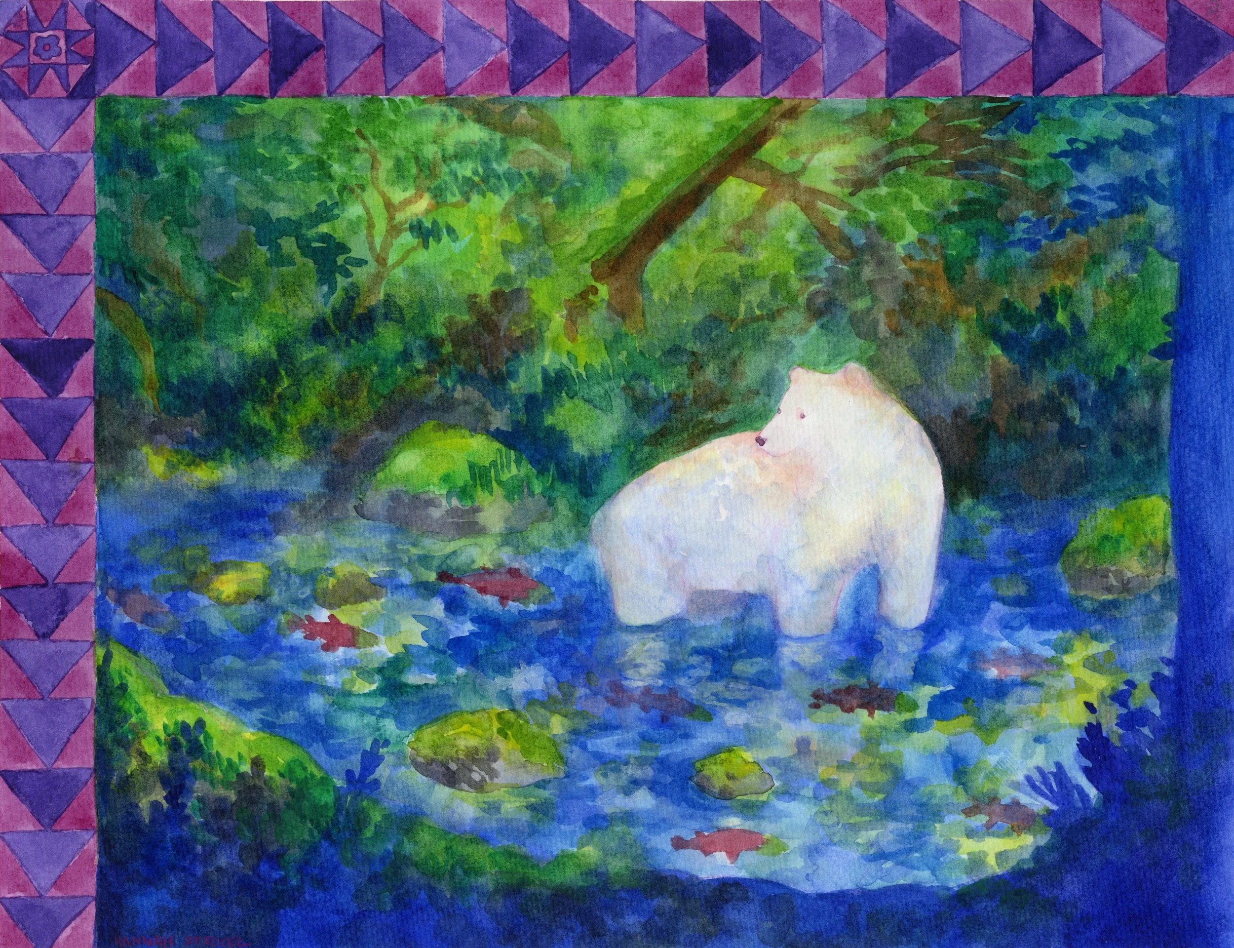 Watercolor painting of a white bear standing near a body of water surrounded by green foliage and trees, with a decorative purple and pink border along the top and left side.