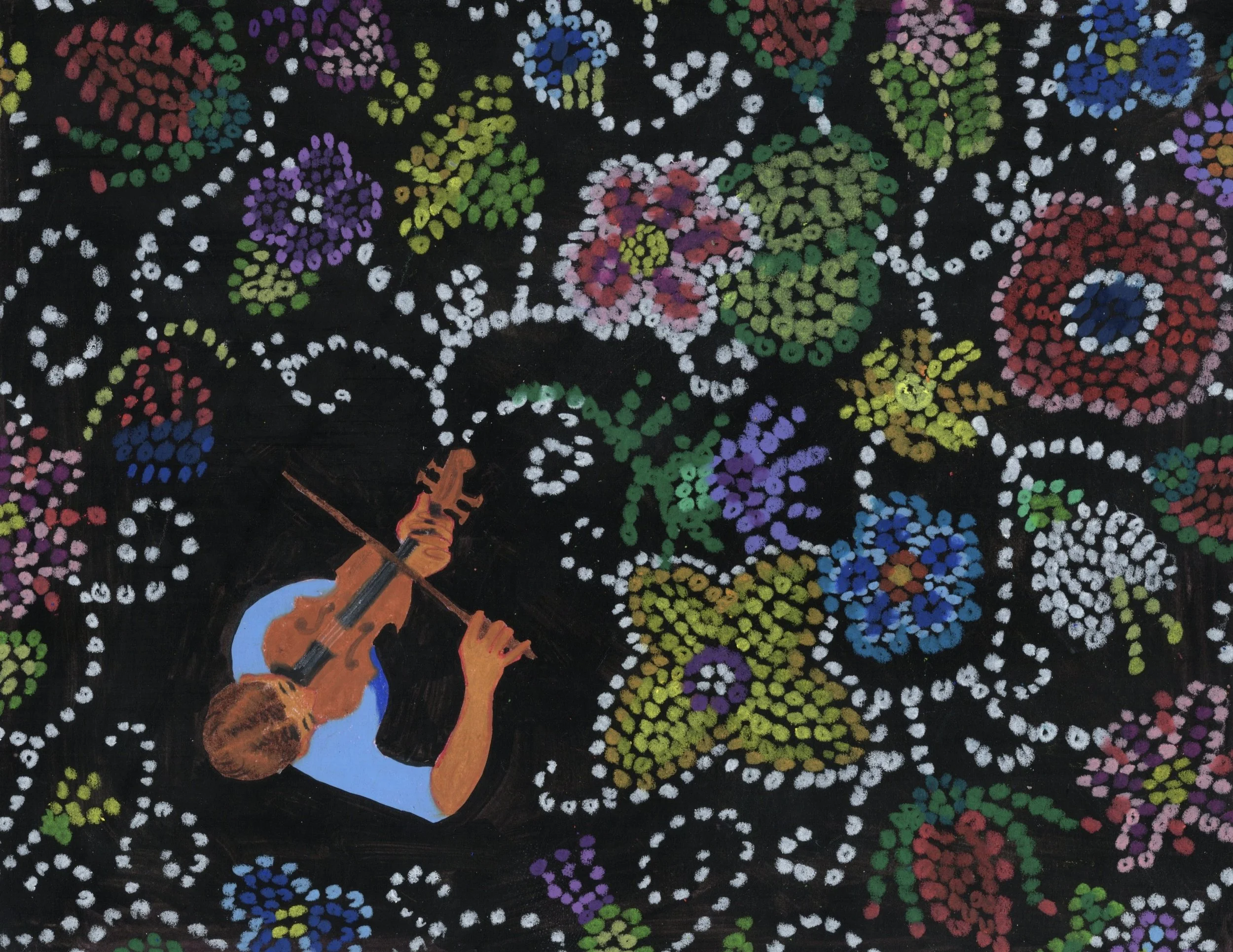A painting of a violin on a black background with colorful dot patterns resembling abstract floral designs.
