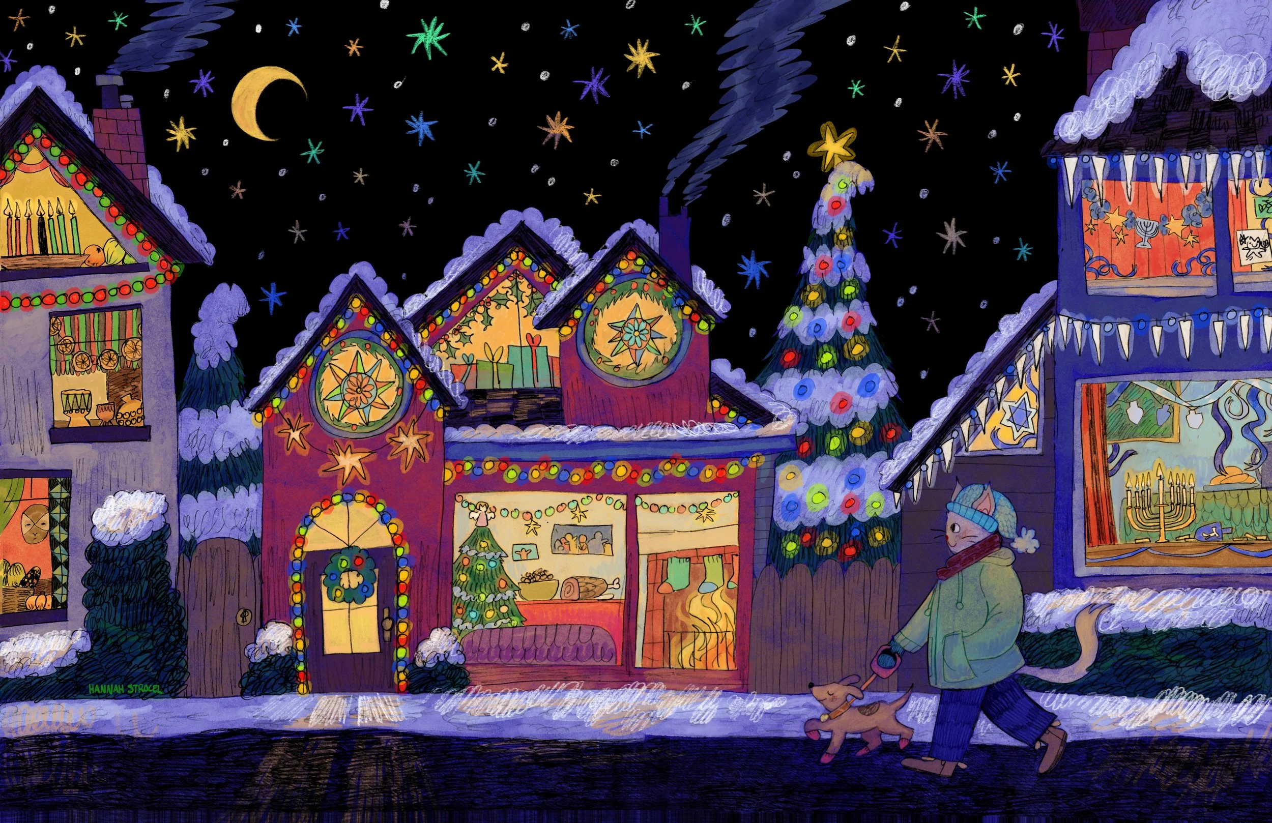 Colorful cartoon-style illustration of a neighborhood decorated for Christmas night with houses covered in Christmas lights, a Christmas tree, snow, and a person walking a dog while wearing winter clothes.