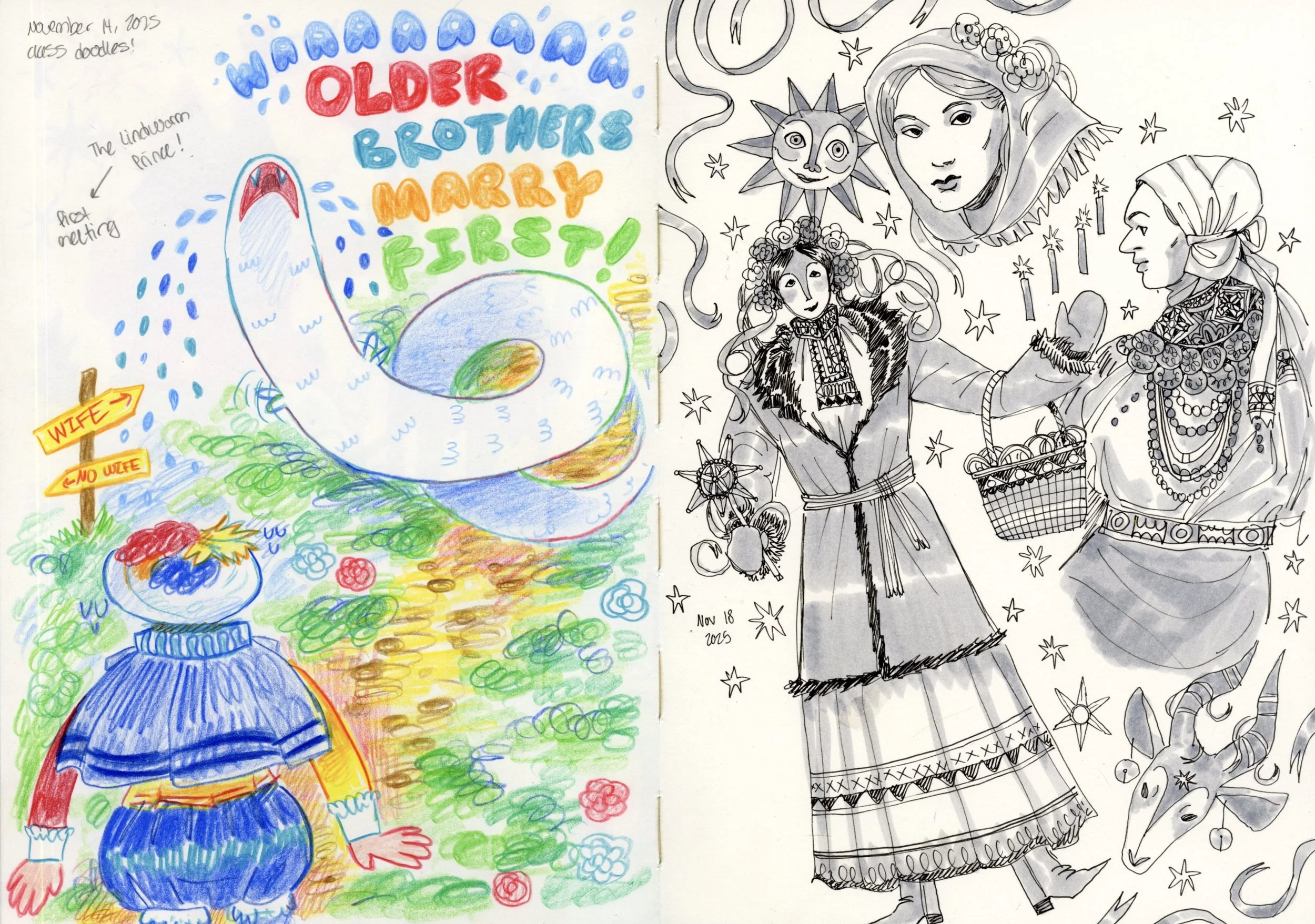 A colorful drawing on the left side features the text 'WAAH! OLDER BROTHERS MARRY!' in bright colors, with a snail and mushrooms in a garden setting. The right side is a black-and-white sketch of a woman wearing traditional Scandinavian clothing, hol
