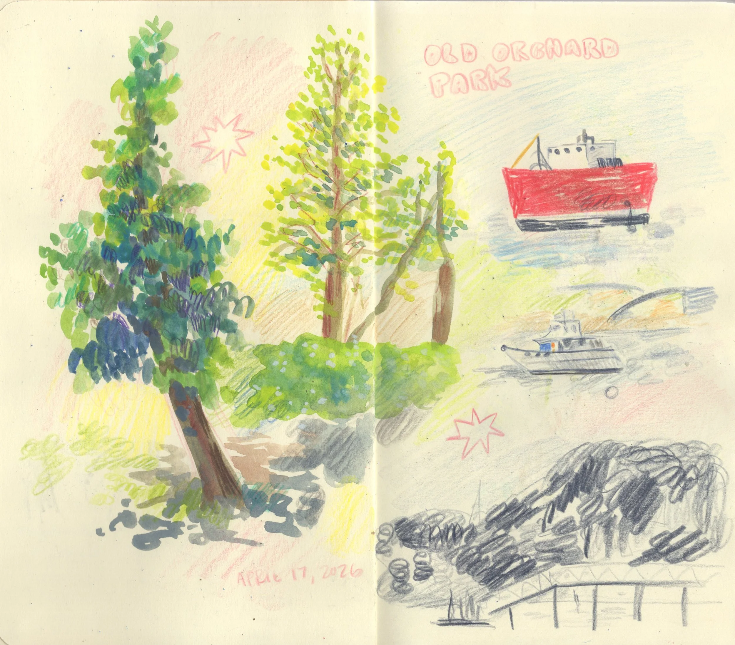 A colorful drawing of trees, a ship labeled 'Old Orchard Park,' and various other sketched objects with the date 'April 17, 2026' written at the bottom.