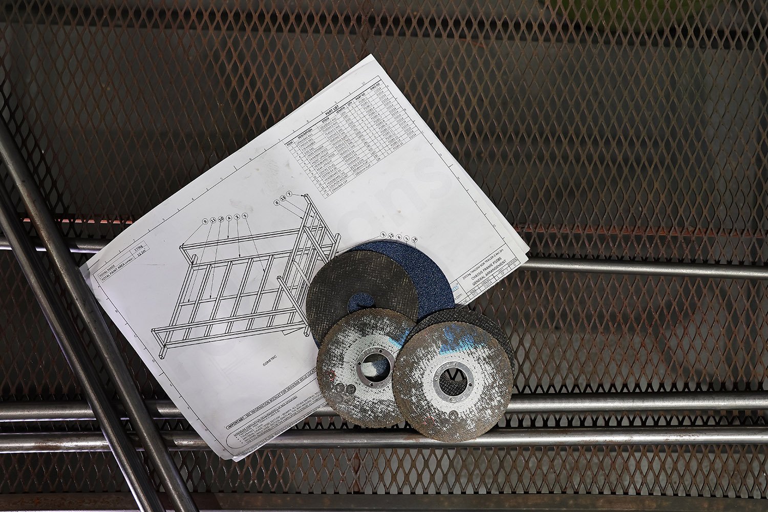 Engineering fabrication drawing with cutting discs for bespoke steel fabrication projects.