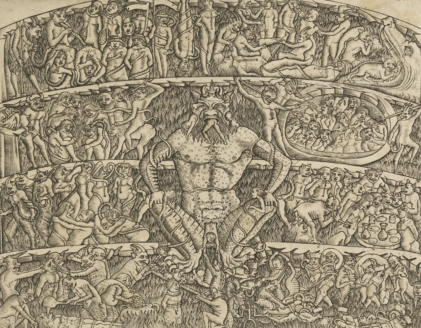 A detailed illustration of hell showing various scenes of torment, demons, and suffering souls.