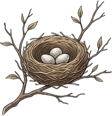 A bird's nest with three eggs, situated in the branches of a tree with budding leaves.