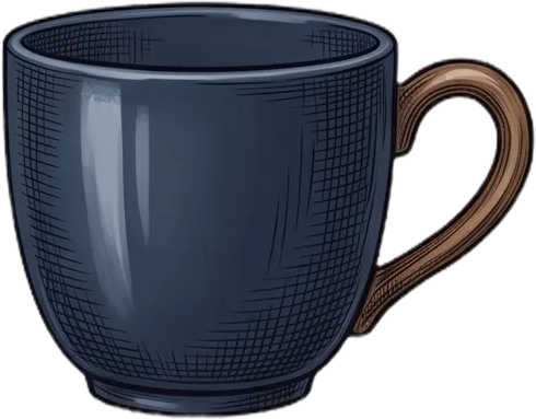 A tea or coffee mug with a dark blue body and a brown handle.