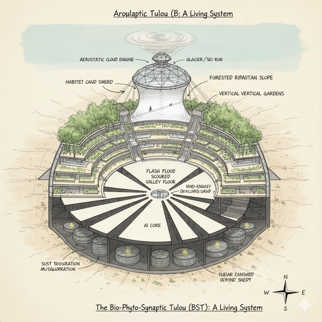 A diagram of the Tulou, a living system with labeled parts including an aerostatic cloud engine, glacier ski run, habitat and smerd, forested ripaiitan slope, vertical gardens, flash flood valley floor, wind-engi1ey denlurr urn, AI core, and various tanks, showing the internal and external structure of the bio-phyto-synaptic Tulou.