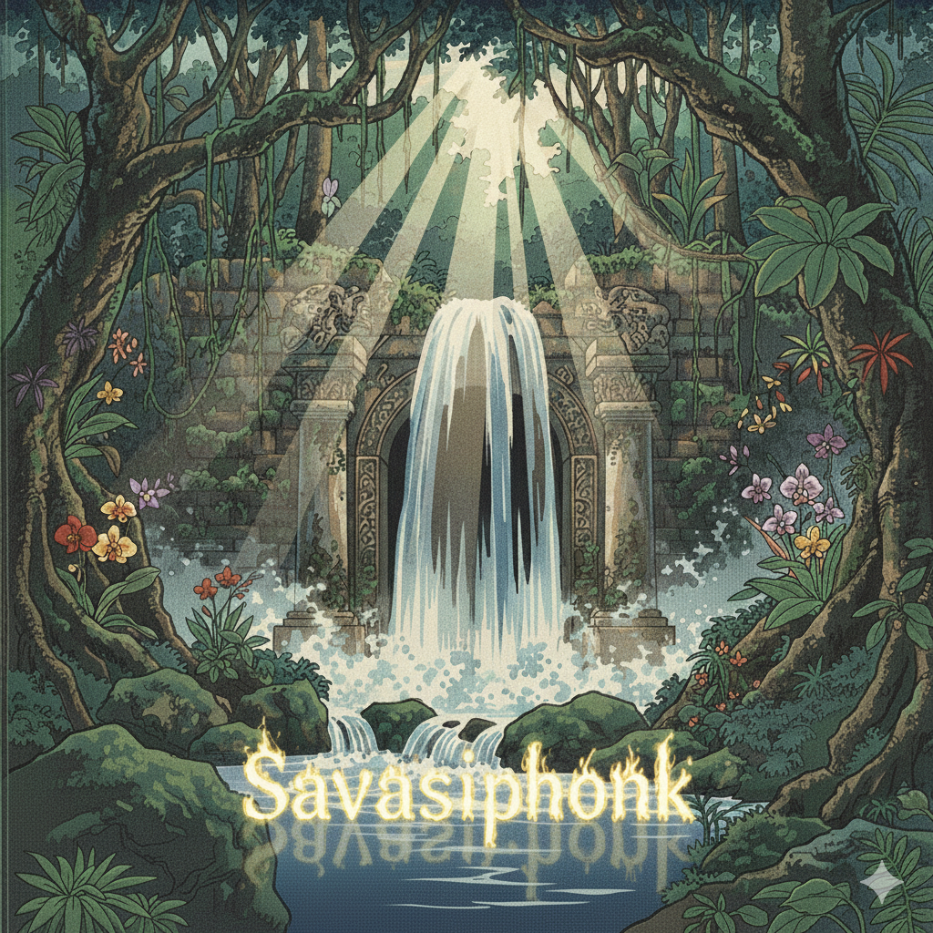 A lush jungle scene featuring a waterfall cascading down an ancient, ornate stone archway surrounded by dense foliage and colorful flowers, with sunlight filtering through the trees and the word 'SavasiphonK' glowing at the waterfall's base.