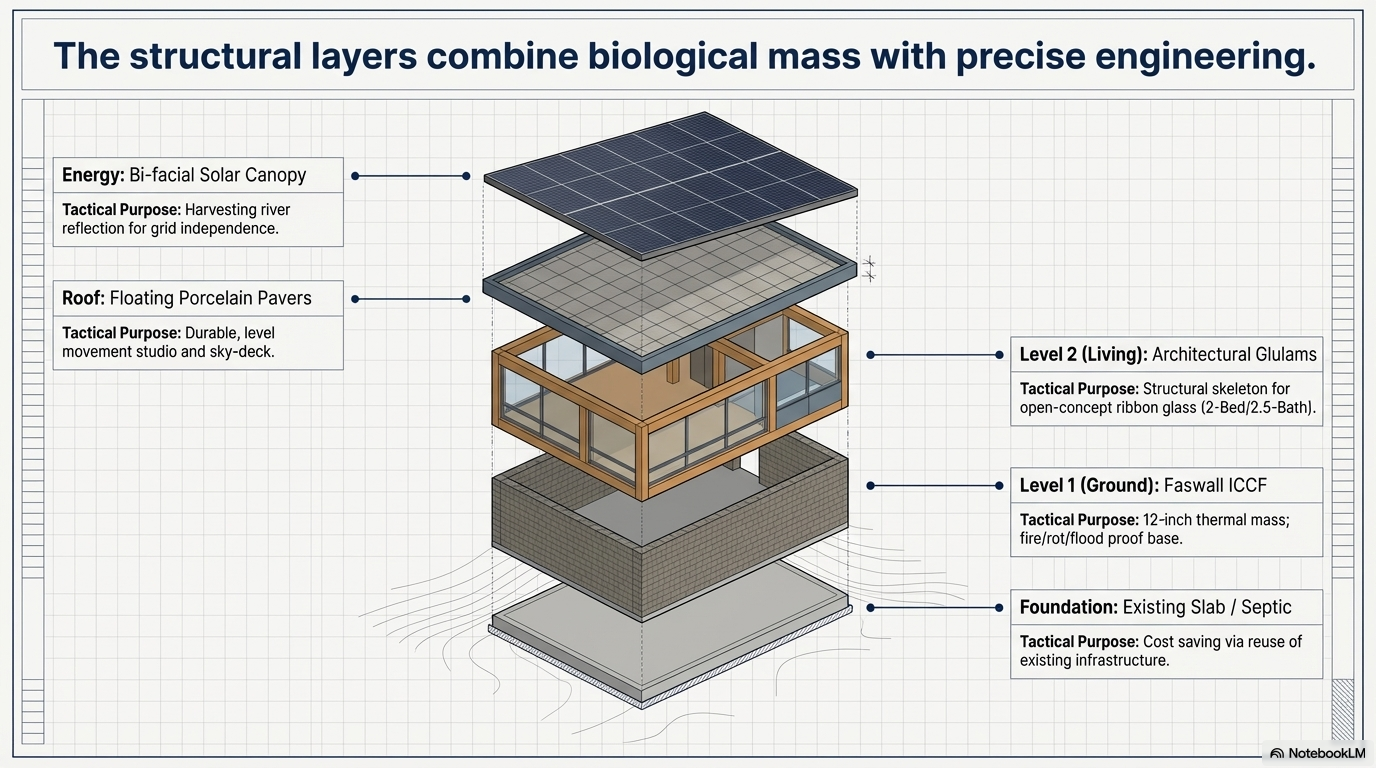 Diagram of a multi-layered building structure showing five levels. From bottom to top: Foundation with existing slab and septic system, Level 1 with Faswall ICCF for thermal mass, Level 2 with architectural glulams for structural skeleton, roof with floating porcelain pavers, and a bi-facial solar canopy at the top. Each layer includes a tactical purpose related to energy, durability, architectural design, or sustainability.