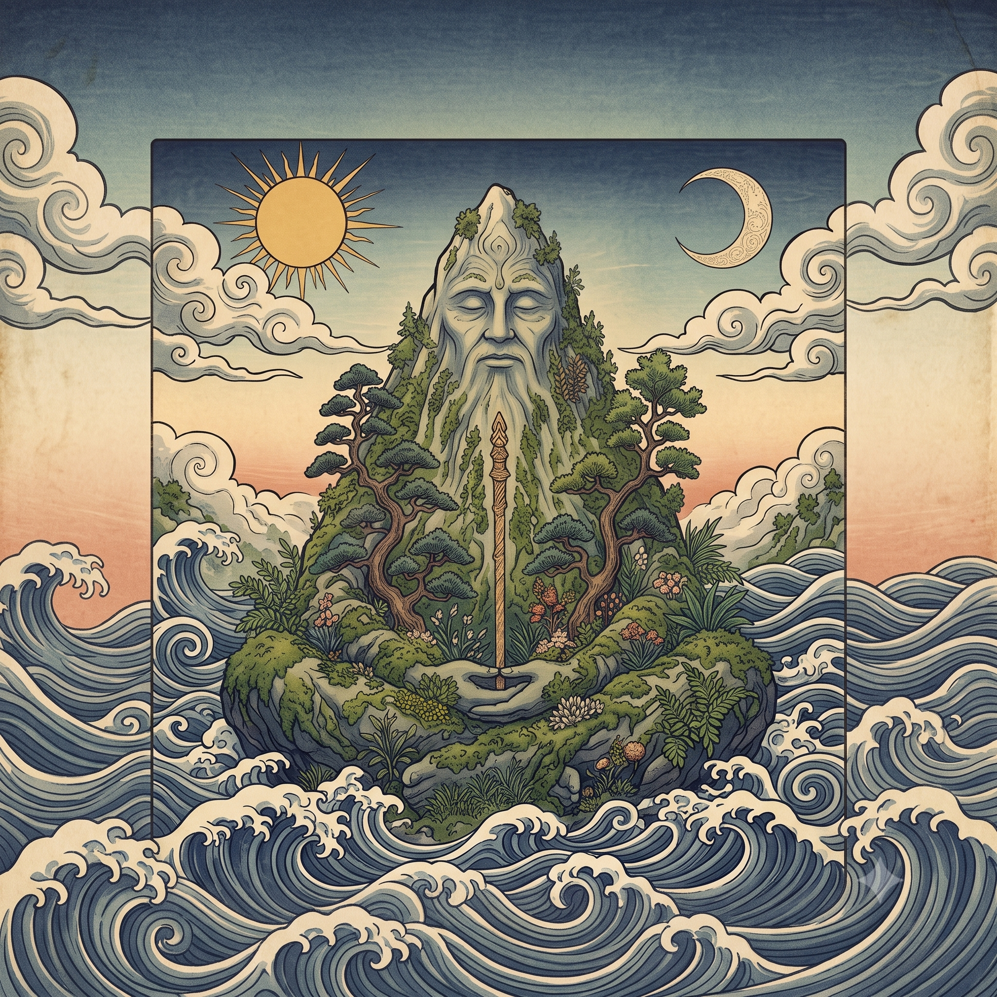 An artistic illustration depicts a mountain with a face and flowing hair, surrounded by lush trees and plants, with a large sun on the left and a crescent moon on the right in the sky filled with clouds and waves at the bottom.