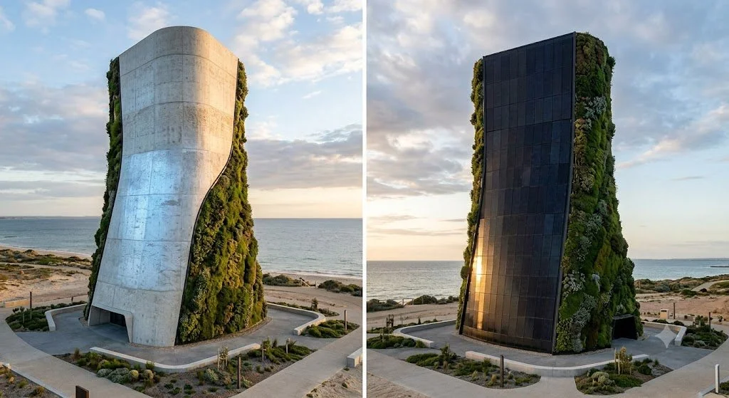 Side-by-side views of a modern tower with green walls on the seaside, one with a white concrete facade and the other with a dark glass exterior, during sunset.