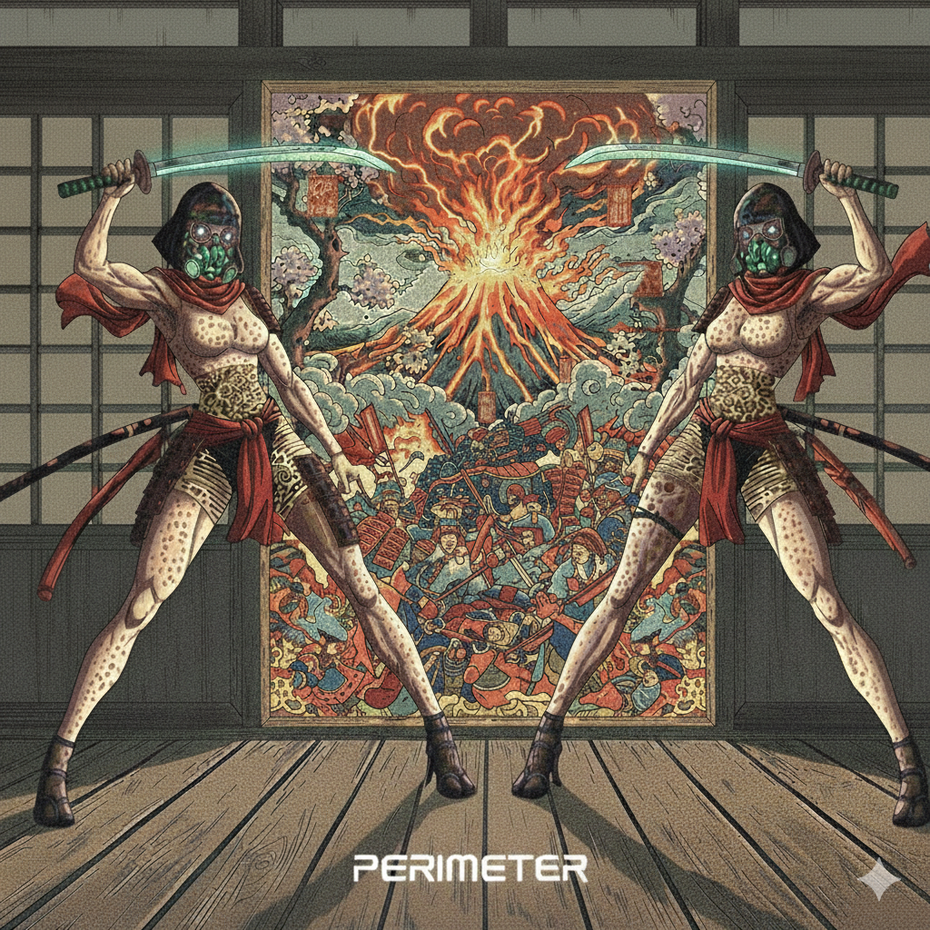Two women with leopard-print bodysuits, gas masks, and red capes holding swords, standing in front of a traditional Japanese painting depicting an erupting volcano and a battle scene.