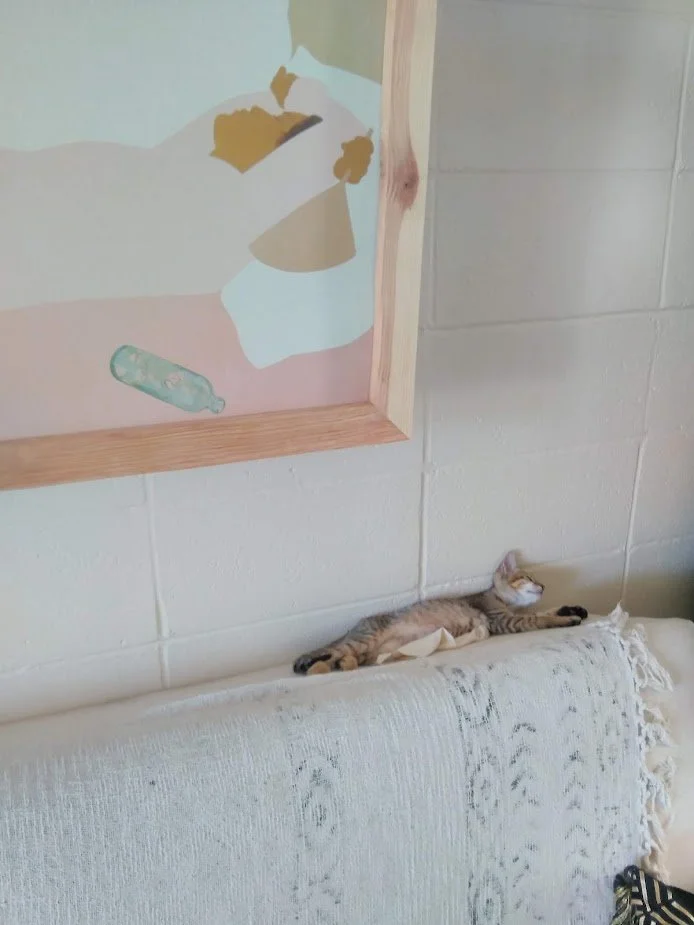 A small kitten lying on a white sofa with a painted picture above it on the wall.