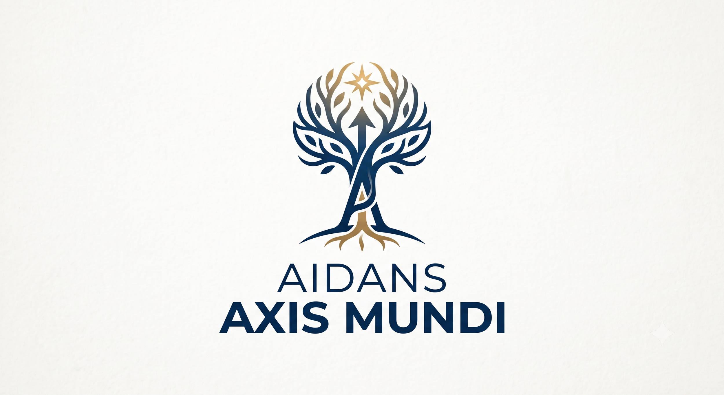 Logo with stylized blue and gold tree and star, with the words "AIDANS AXIS MUNDI" beneath it.