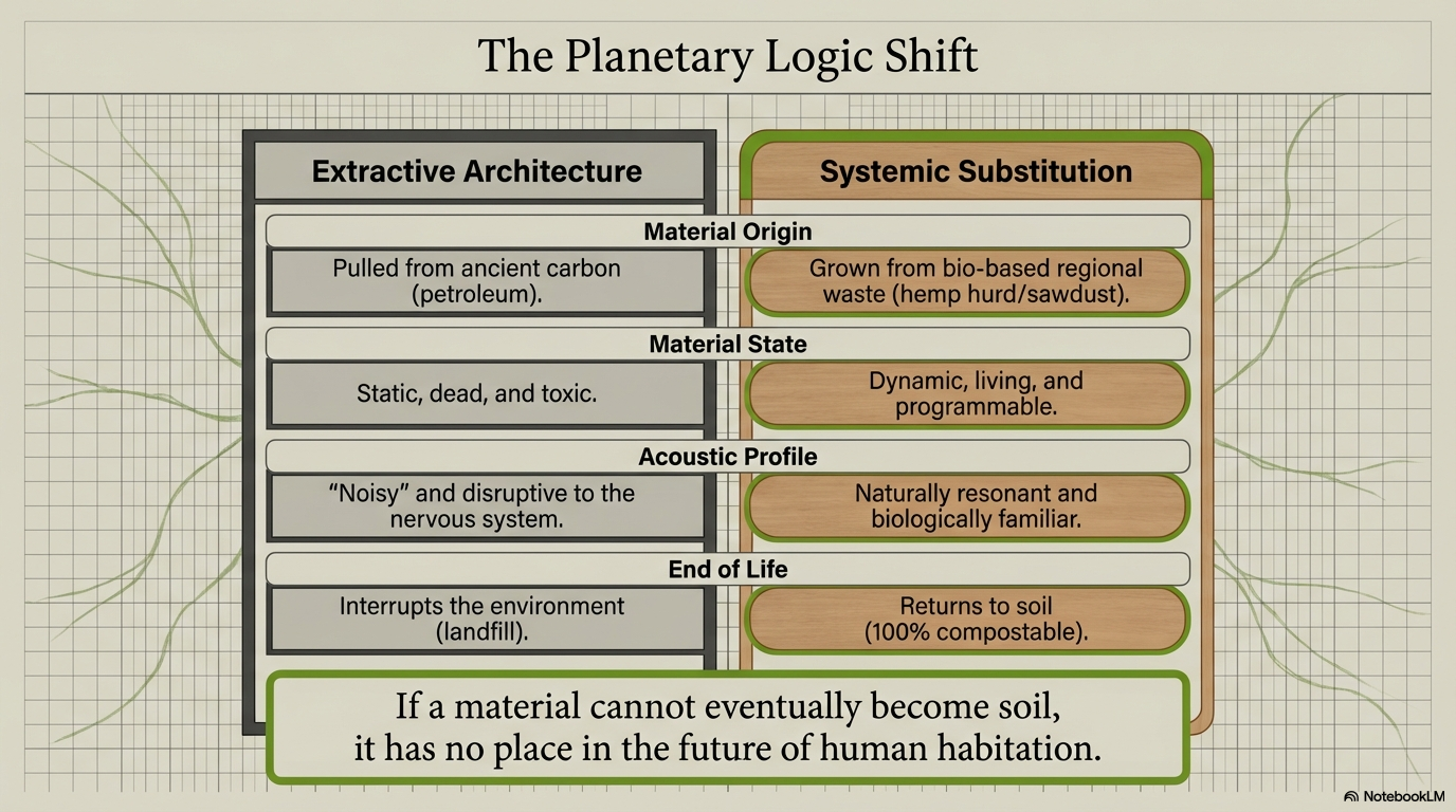 A diagram comparing extractive architecture and systemic substitution in the planetary logic shift, illustrating differences in material origin, state, acoustic profile, and end of life for materials.