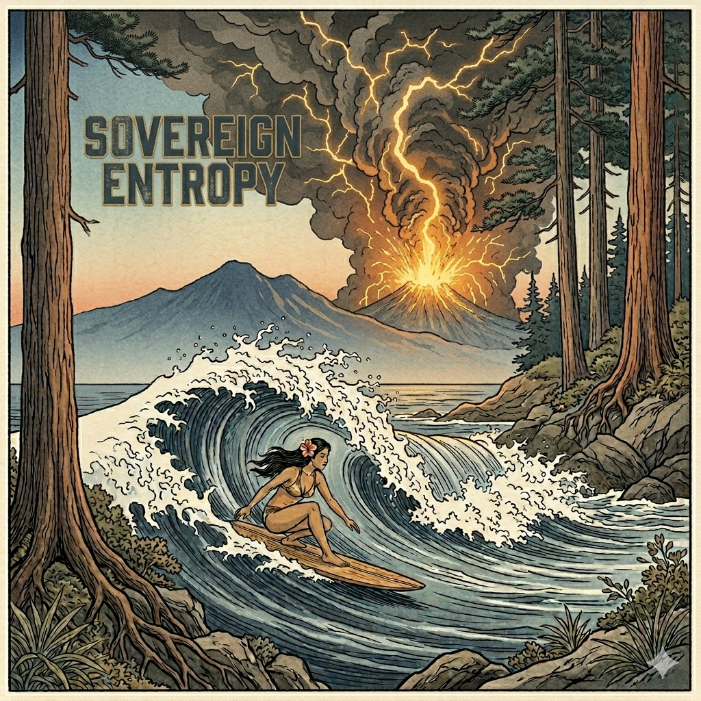A woman surfing a wave along a rocky shoreline with an erupting volcano in the background and a forest of tall trees.