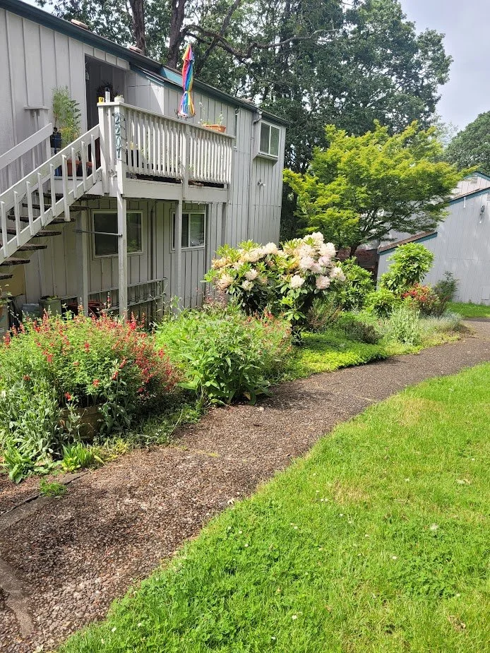 A backyard garden with a concrete walking path, filled with lush green plants and colorful flowers, adjacent to a blue house with a deck and stairs, surrounded by trees and a cloudy sky.