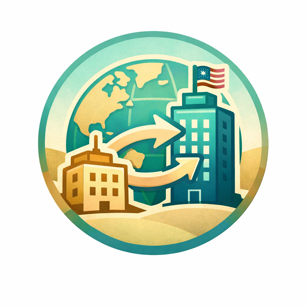 Illustration of global exchange between two buildings with arrows, a world map in the background, and an American flag on the taller building.