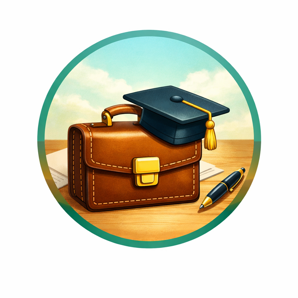 A graduation cap resting on a briefcase on a wooden table with papers and a pen, outdoors scene with blue sky and clouds in the background.