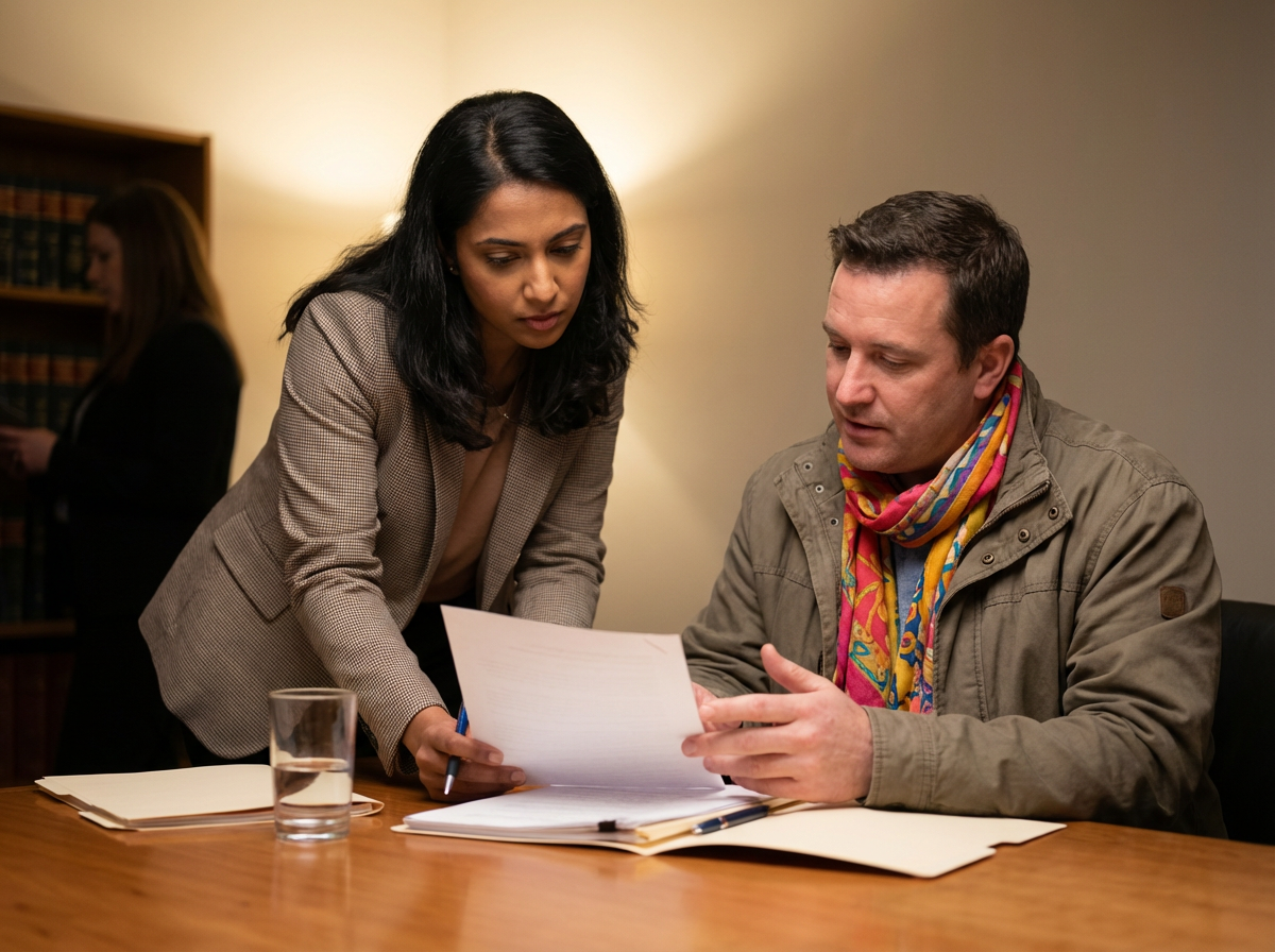 A woman and a man discuss documents at a meeting table, with a glass of water and folders on the table; a woman in the background looks at her phone.