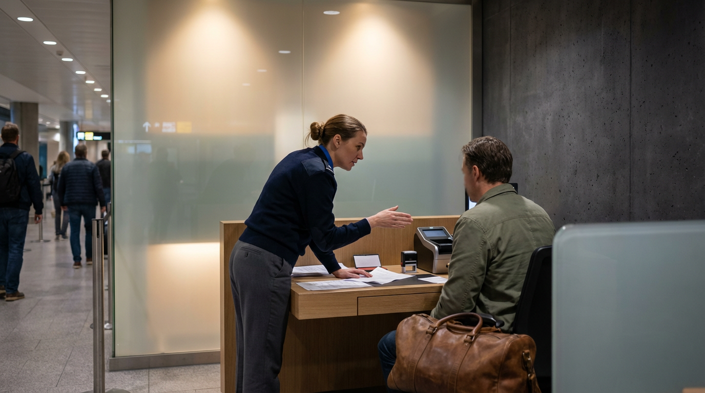 A woman in a dark uniform talks to a man sitting at a desk in an airport. The man has a brown leather bag on his lap and is looking at a device on the desk. The background features a frosted glass wall and other travelers walking in the airport.