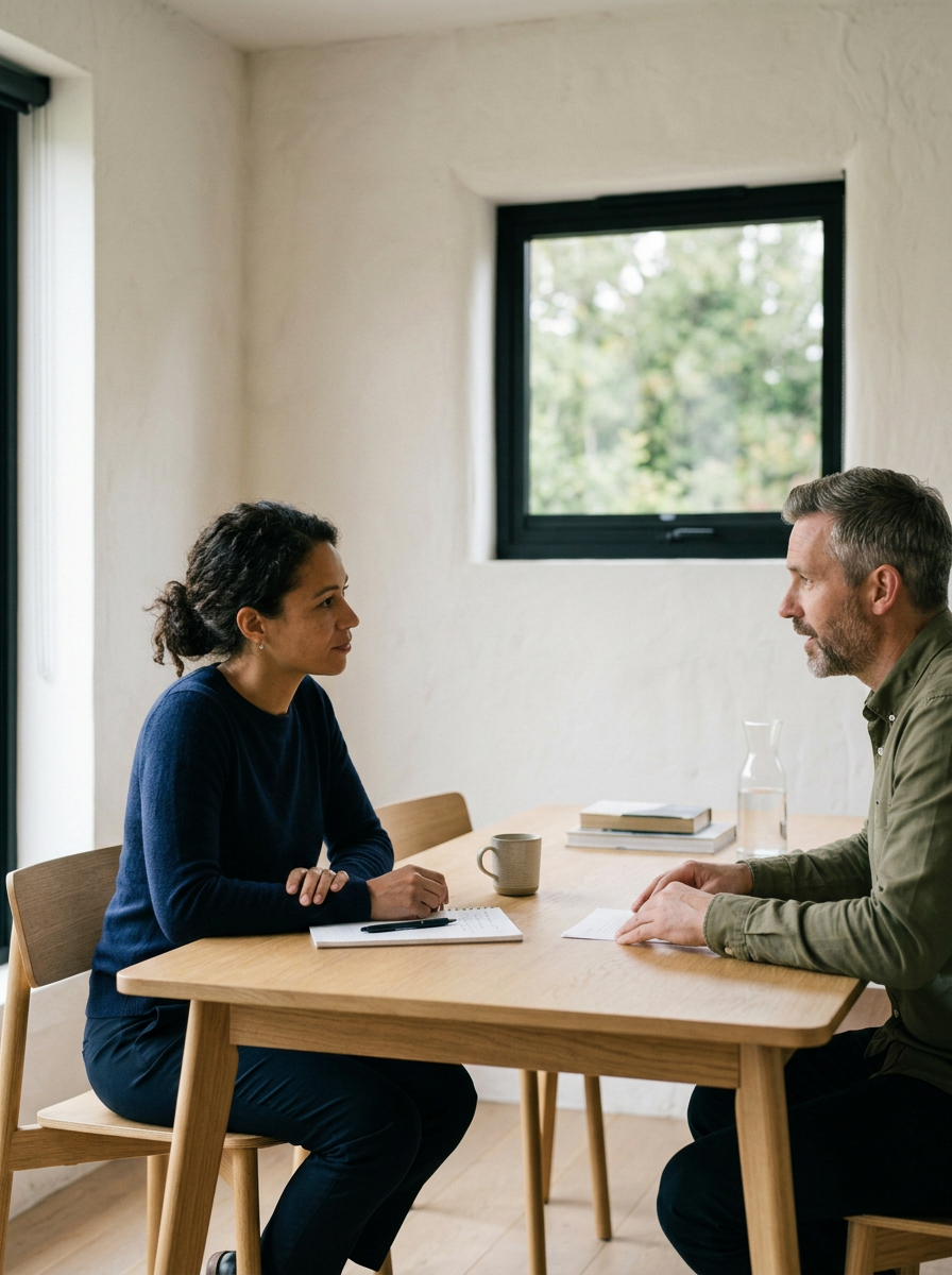 A woman and a man having an interview or conversation at a wooden dining table in a room with white walls and a window with a view of trees.