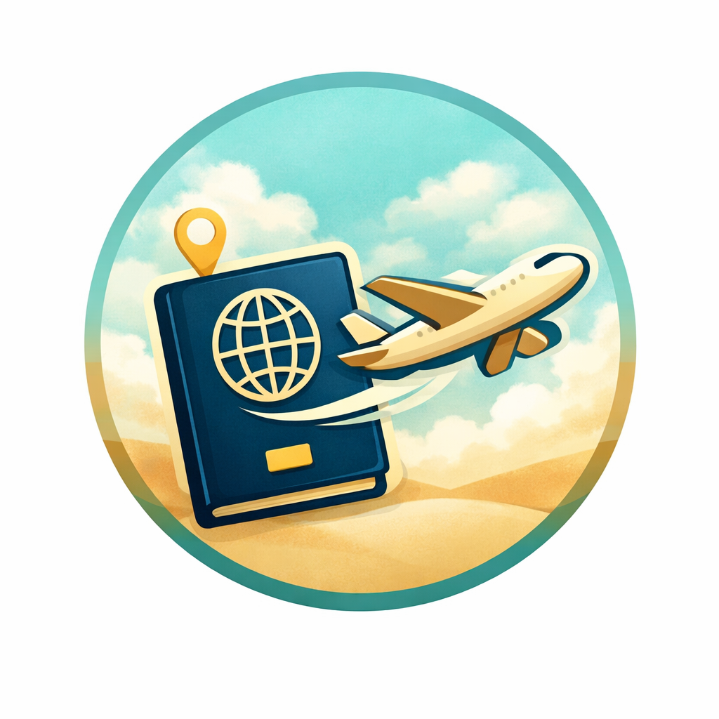 An illustration of a passport featuring a globe symbol, an airplane flying in front of it, a background of a partly cloudy sky, and a landscape of sandy terrain.