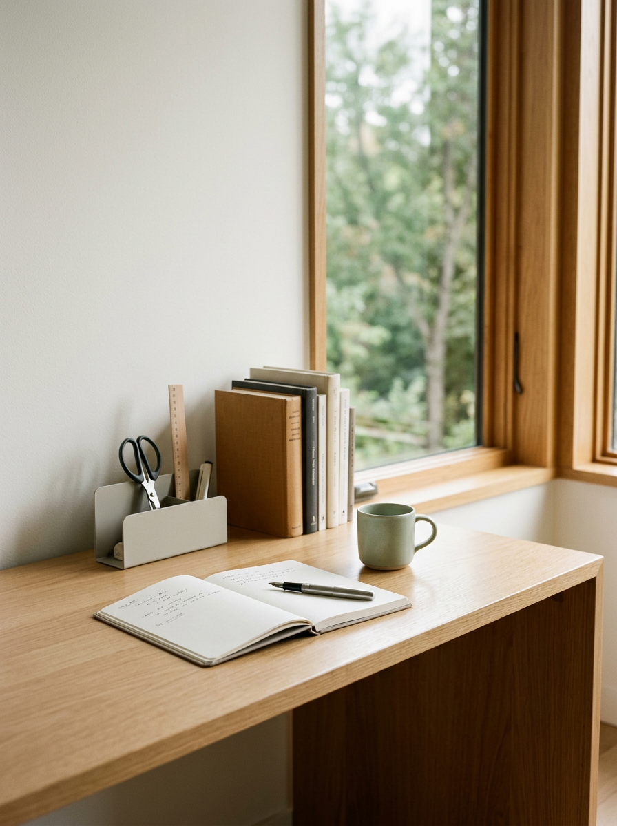 A wooden desk near a window with a view of trees. On the desk, there is an open notebook with a pen, a green mug, and a holder containing scissors, a ruler, and some books.