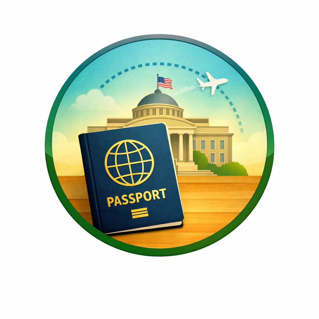 Illustration of a passport in front of a government building, with an American flag and an airplane flying in the sky, symbolizing travel or immigration.