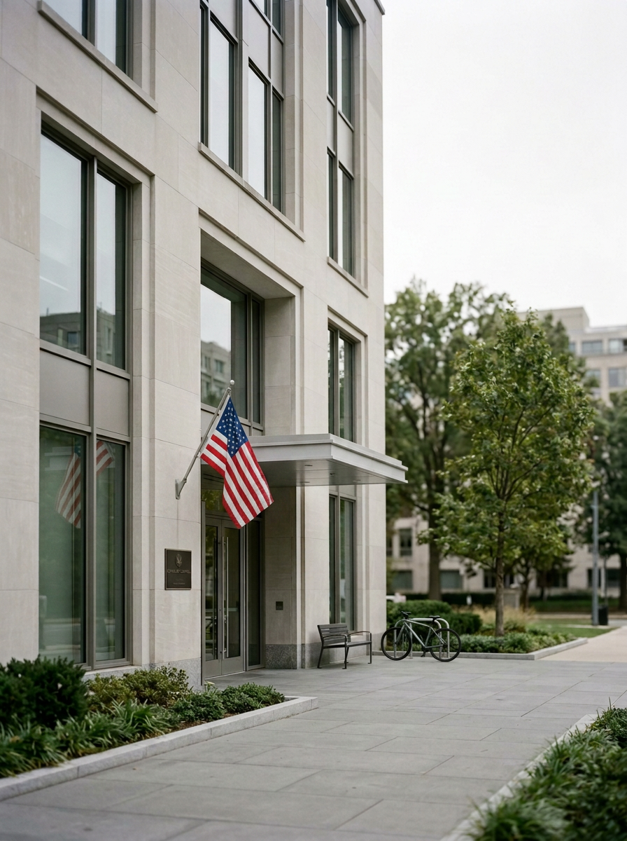 The entrance of a modern office building with large glass windows, a small American flag, a bench, and a bicycle parked outside. There are trees and plants along the sidewalk.