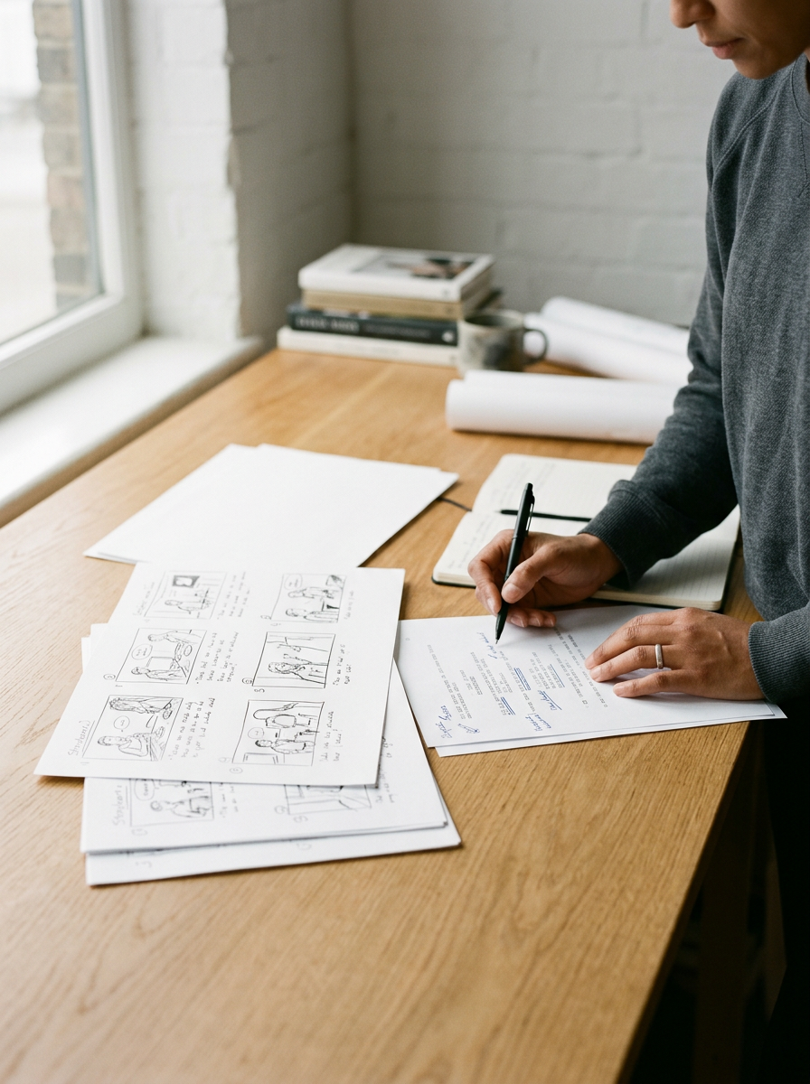 Person signing documents on a wooden desk with sketches, books, and a coffee mug nearby in a bright room.