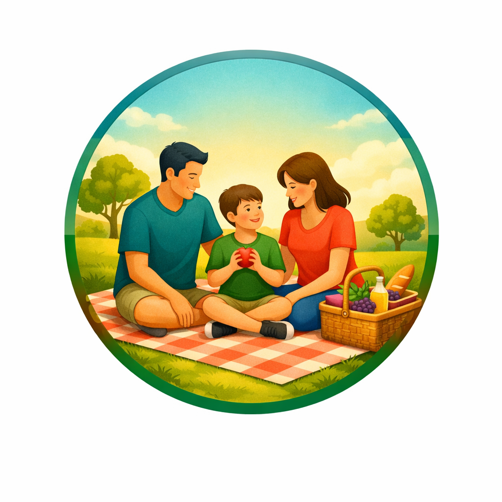 A family of three sitting on a picnic blanket outdoors, with a basket of grapes, a loaf of bread, and a bottle of juice, enjoying a sunny day in a park with trees and clouds in the background.
